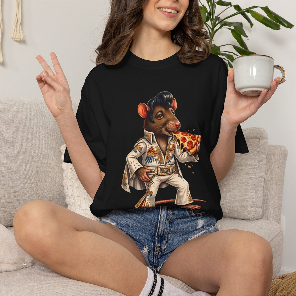 Elvis Rat Pizza T‑Shirt — Retro Rockabilly Mouse Eating Pizza Graphic Tee