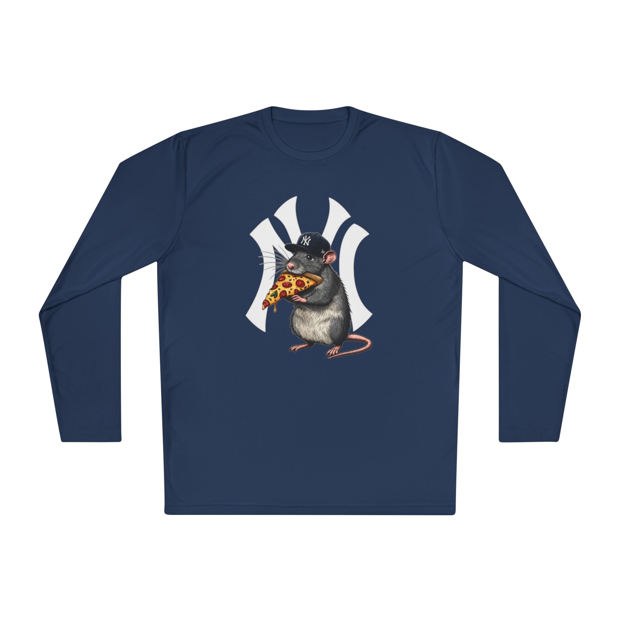 NY Yankee Rat Eating Pizza Long Sleeve Tee — Cute Baseball Logo Mashup