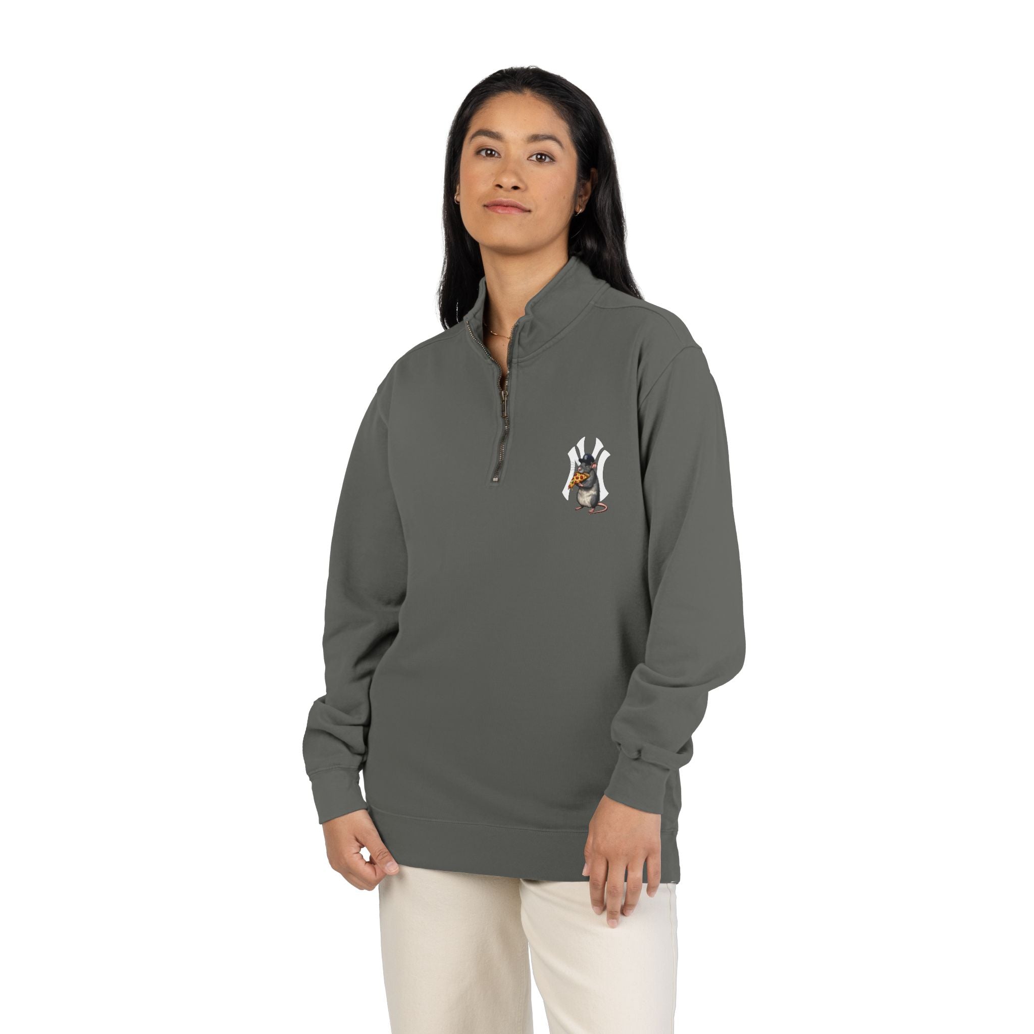NY Yankee Quarter-Zip Sweatshirt — Small Retro Dog Portrait Chest Print