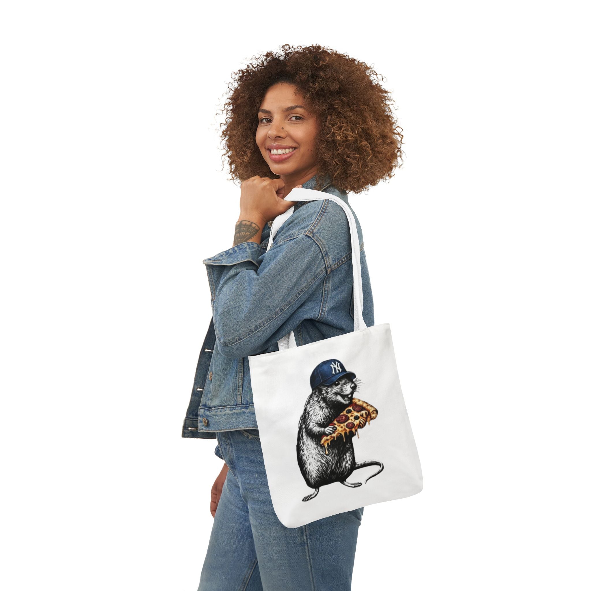 Canvas Tote — Cool Rat Wearing Yankees Cap Eating Pizza Print
