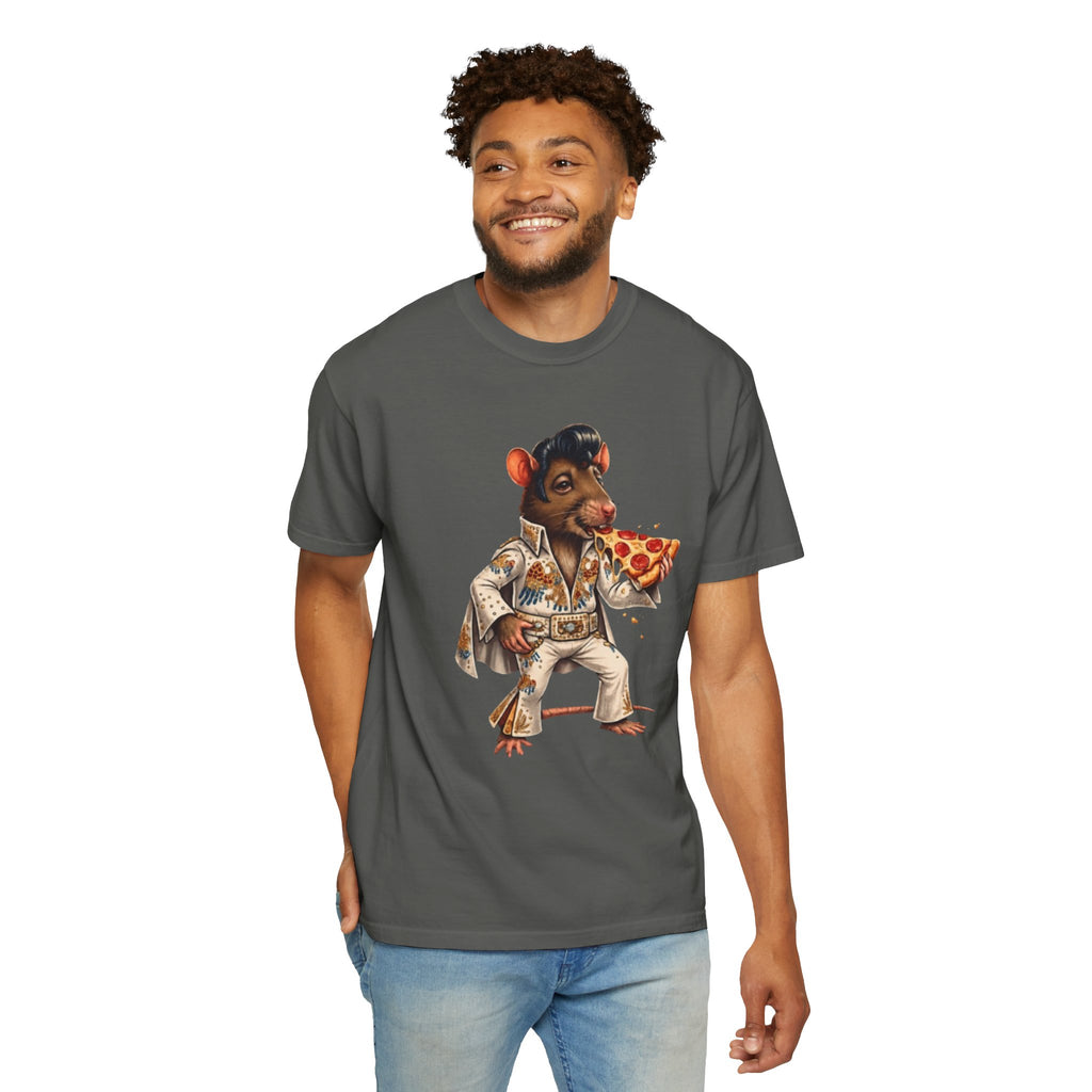 Elvis Rat Pizza T‑Shirt — Retro Rockabilly Mouse Eating Pizza Graphic Tee