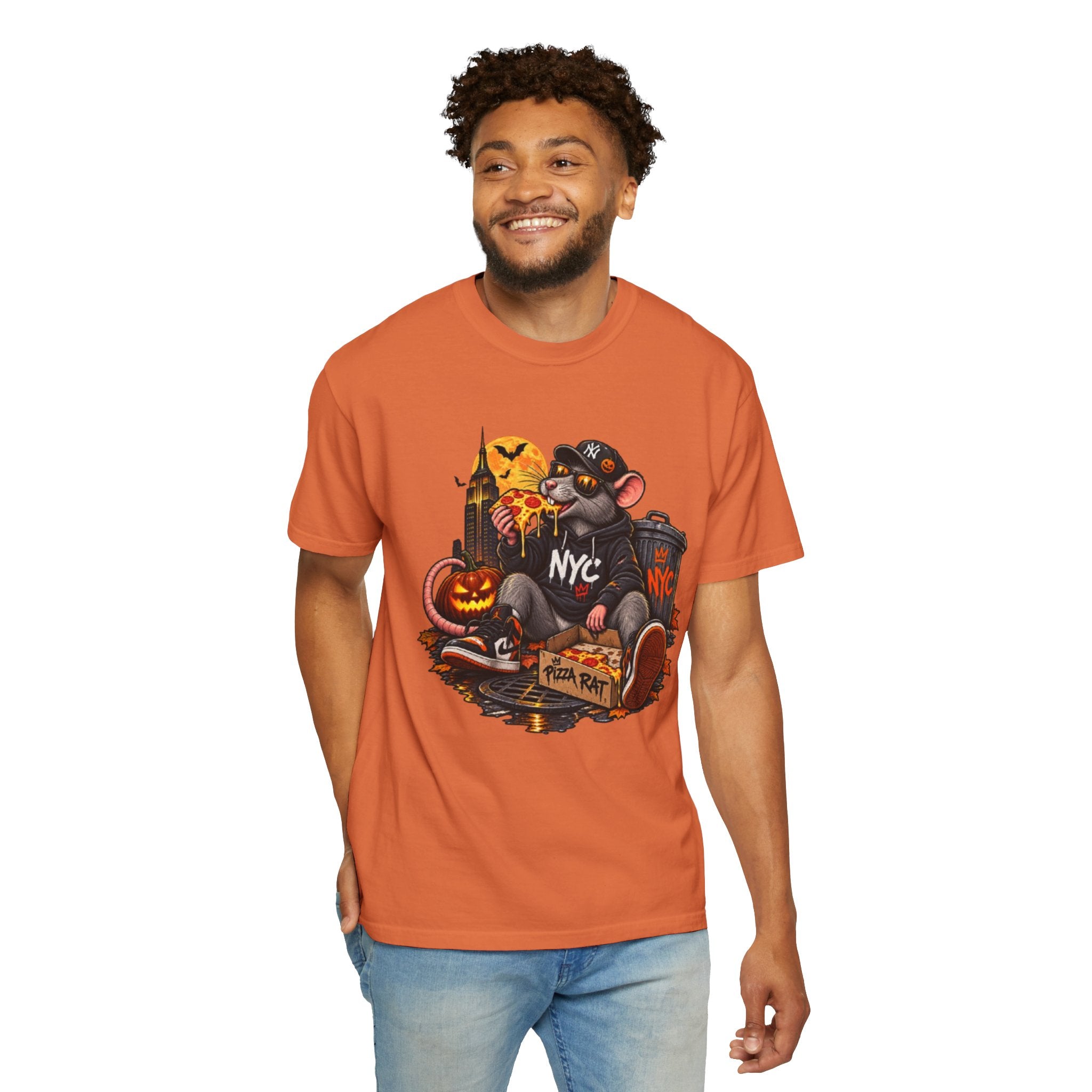 NYC Pizza Rat Halloween T-Shirt — Cute Urban Rat with Pizza & Pumpkins