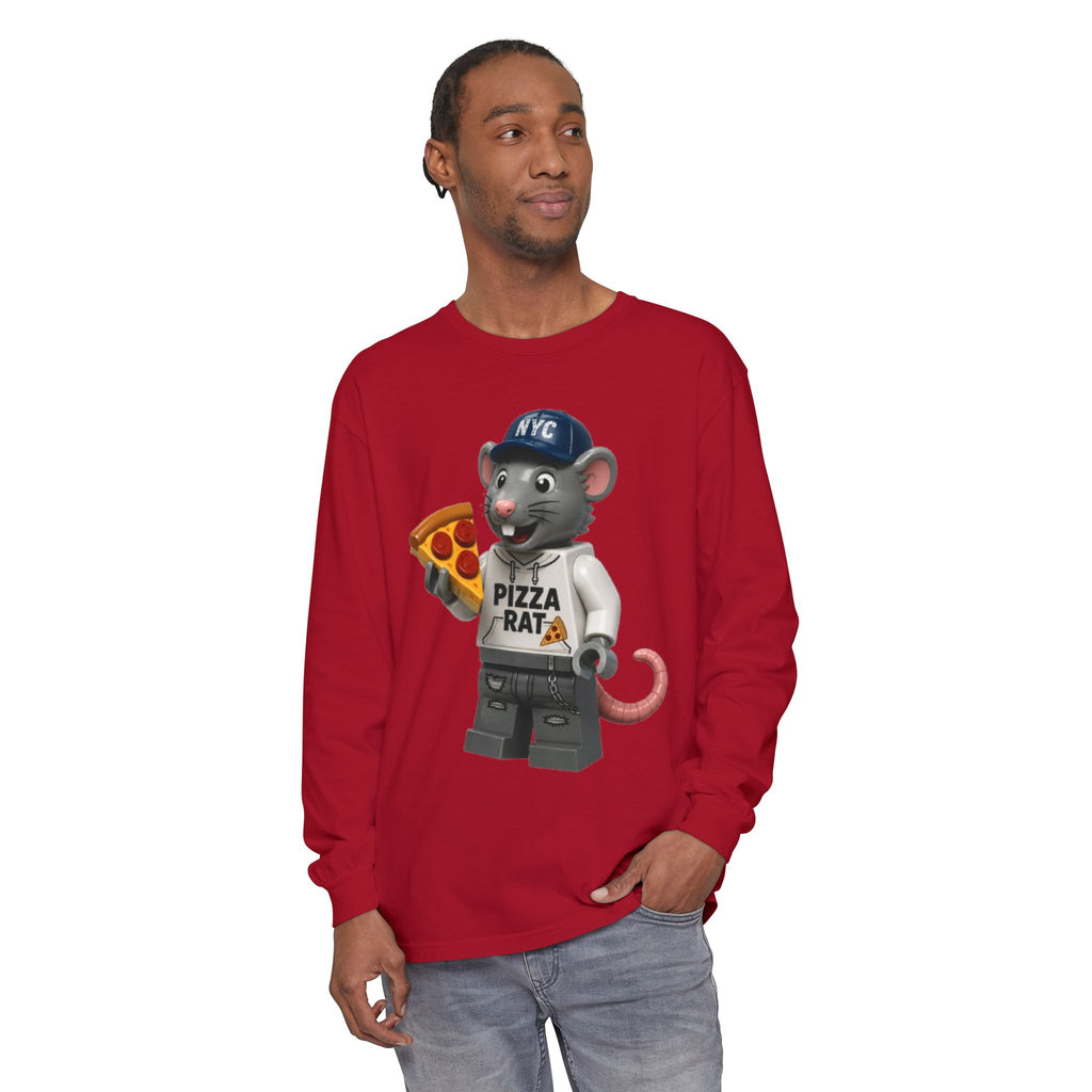 Pizza Rat Long Sleeve T‑Shirt — Cute NYC Rat Holding Pizza Graphic