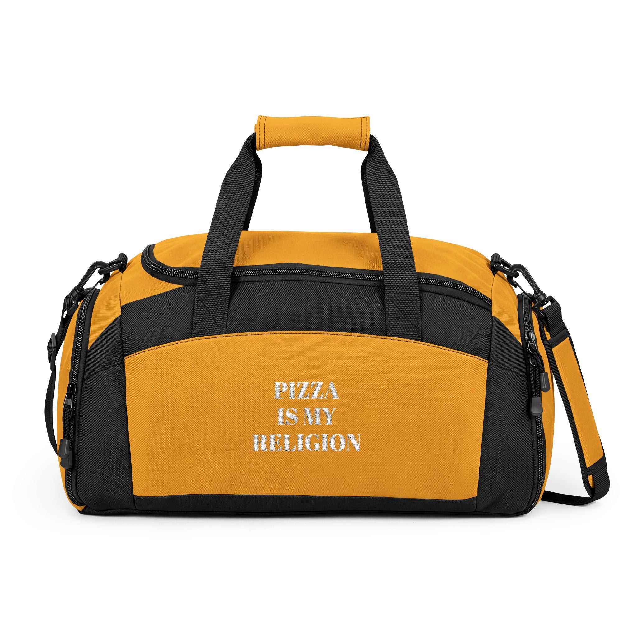 Pizza Is My Religion Gym Bag — Funny Foodie Duffle for Fitness & Travel