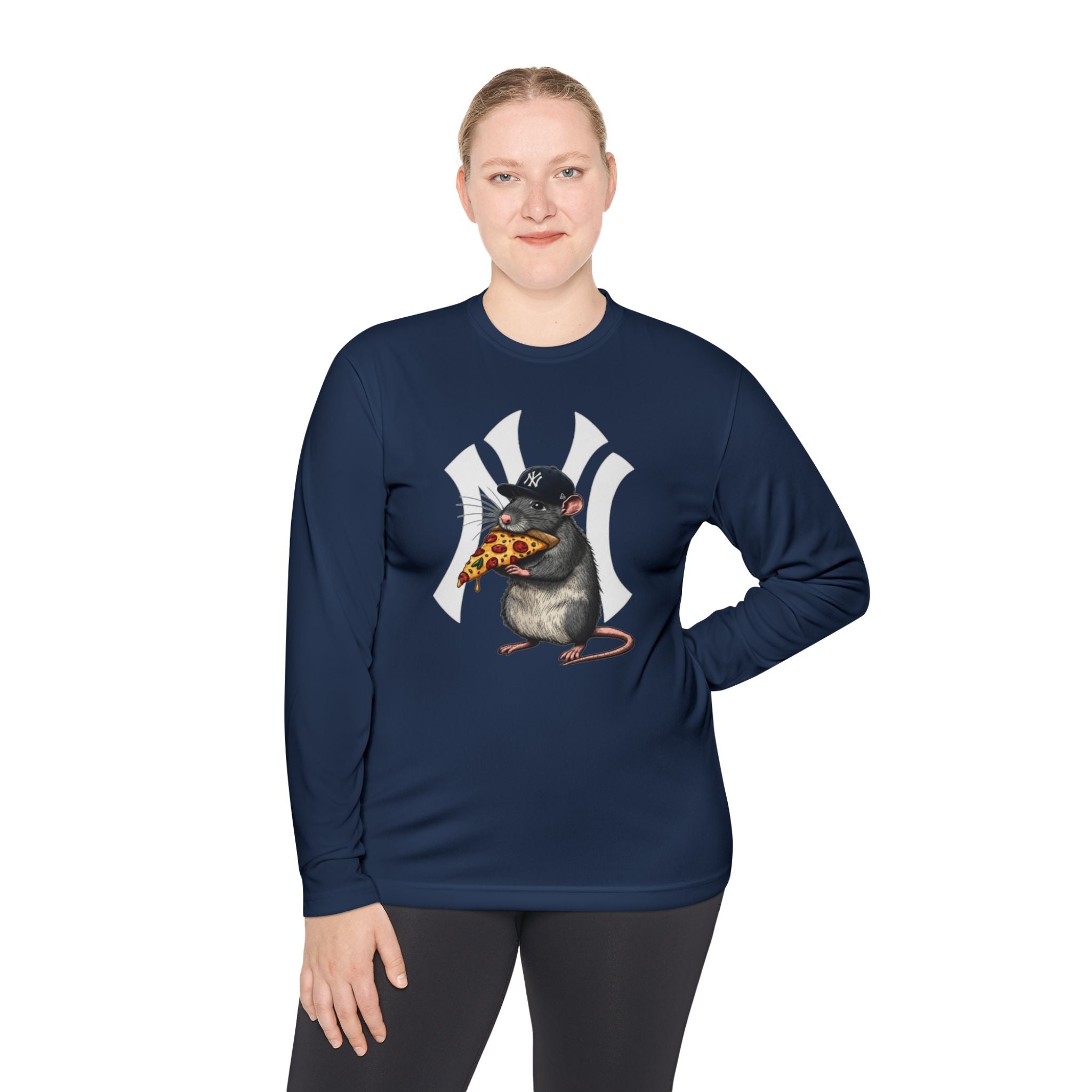 NY Yankee Rat Eating Pizza Long Sleeve Tee — Cute Baseball Logo Mashup