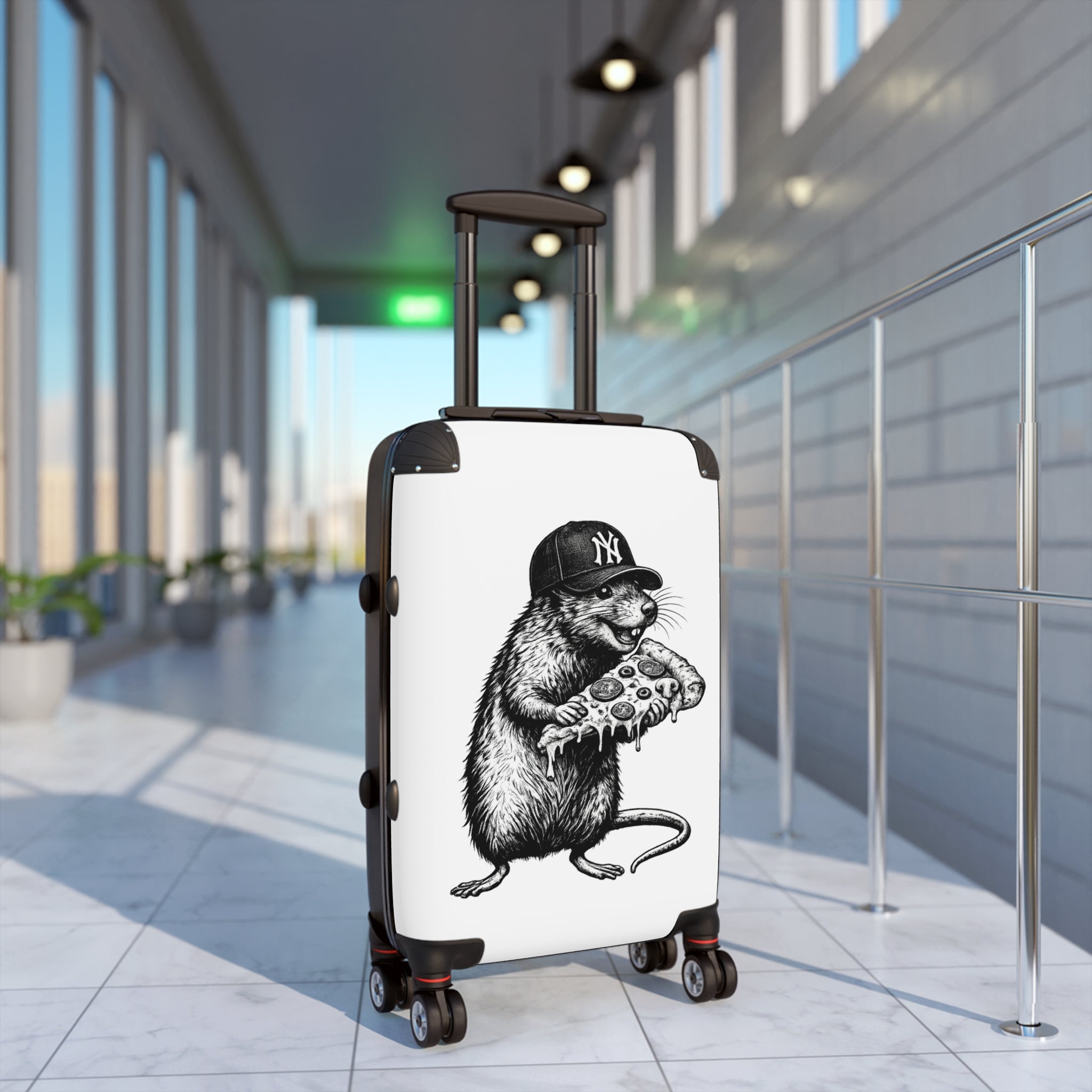 NY Rat Pizza Luggage – Cartoon Rat with Pizza Travel Suitcase