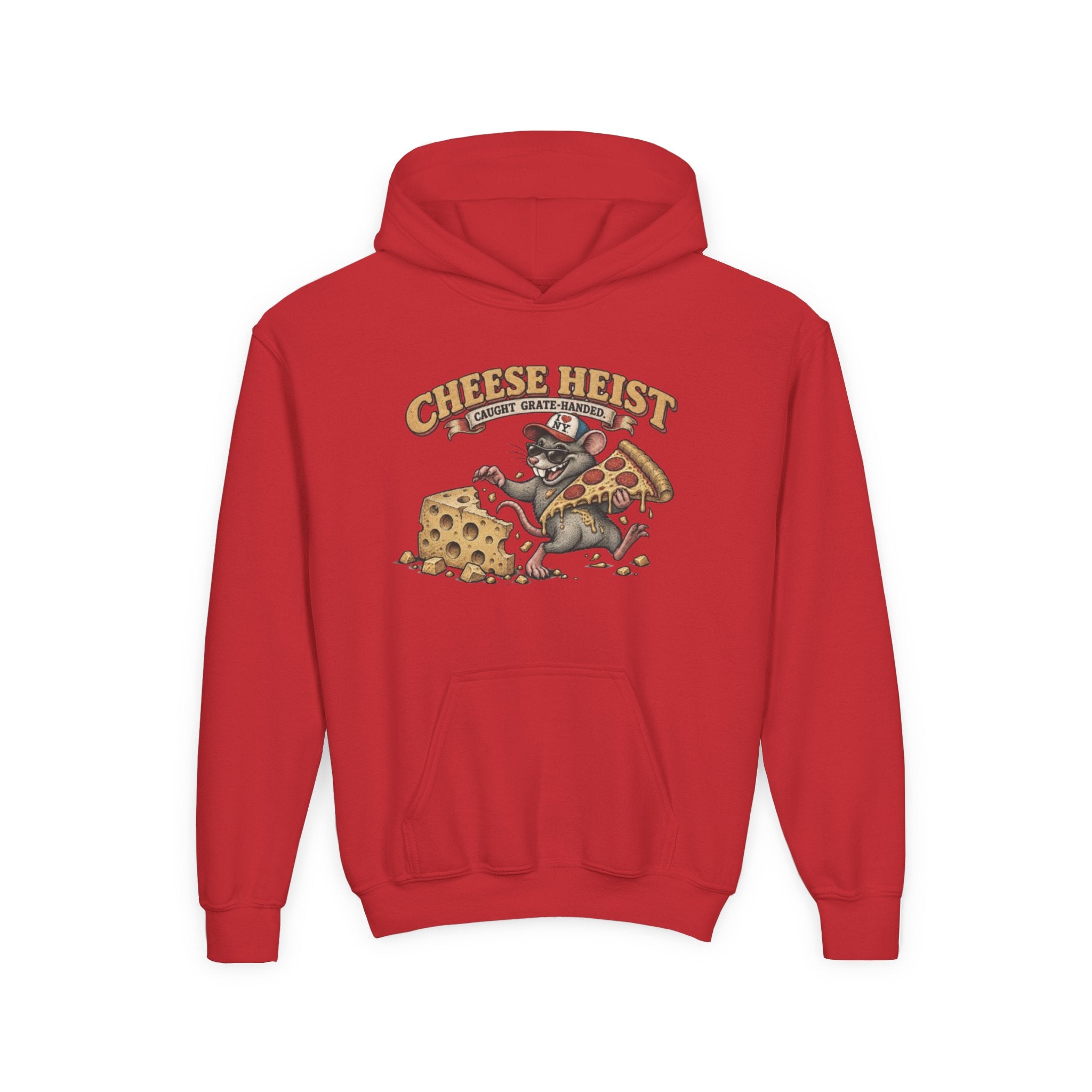 Youth Hoodie - "Cheese Heist" Cartoon Mouse & Pizza Graphic