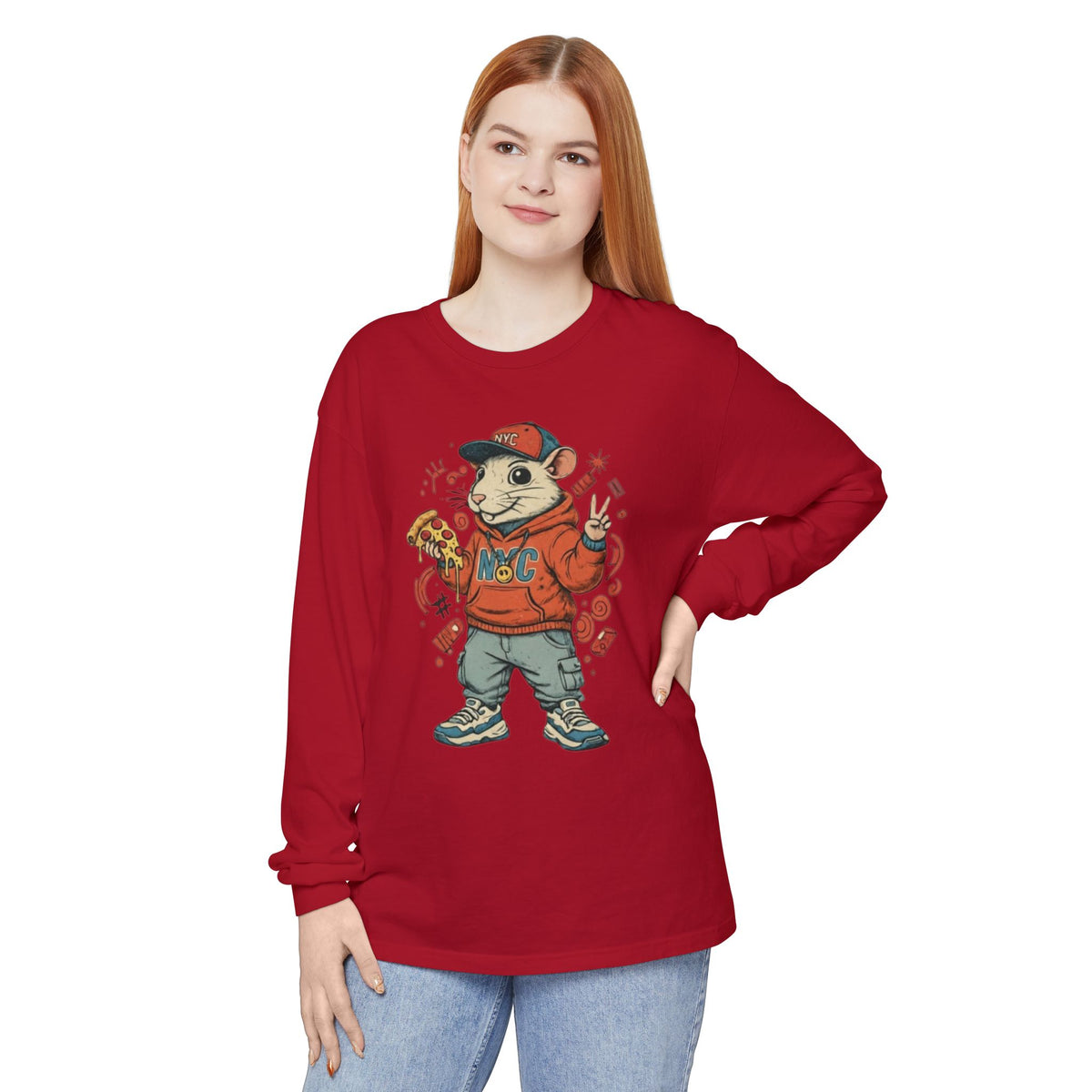 Streetwear NY Pizza Rat Graphic Long Sleeve Tee