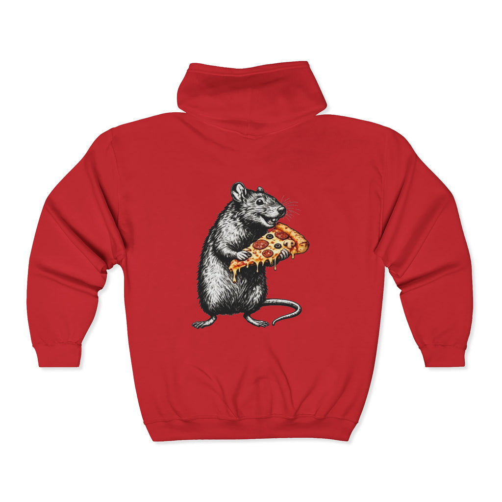 Keep Calm & Eat Pizza Zip Hoodie — Rat with Pizza Graphic Zip-Up Sweatshirt