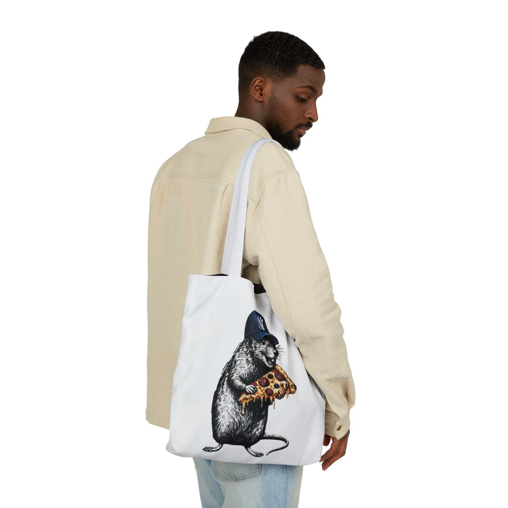 Canvas Tote — Cool Rat Wearing Yankees Cap Eating Pizza Print
