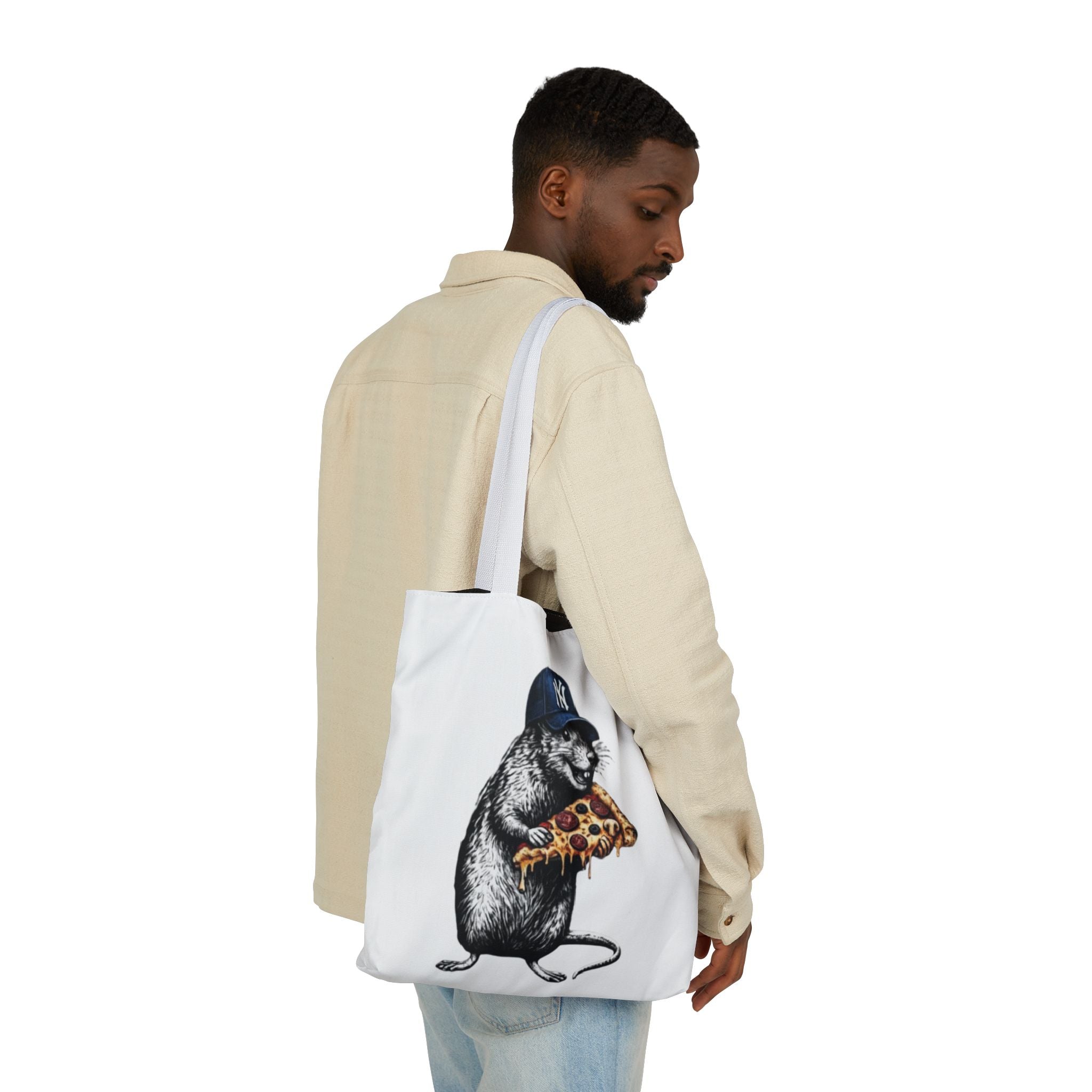 Canvas Tote — Cool Rat Wearing Yankees Cap Eating Pizza Print