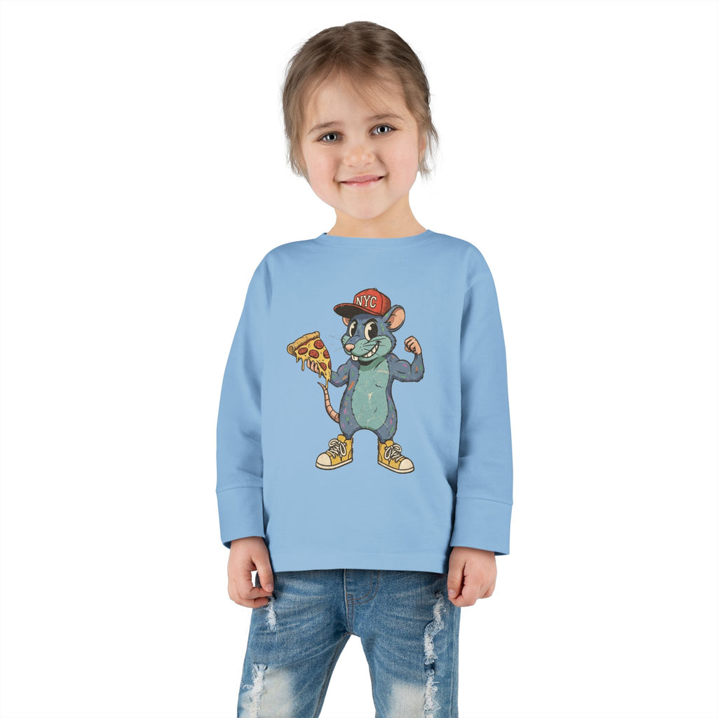Toddler Long Sleeve Tee — Fun Pizza-Loving Cartoon Rat Graphic