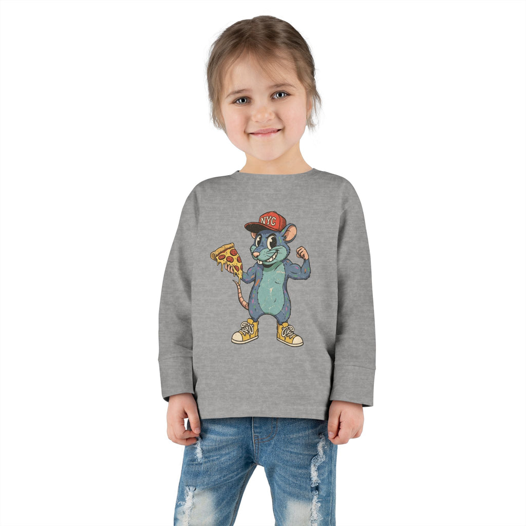 Toddler Long Sleeve Tee — Fun Pizza-Loving Cartoon Rat Graphic