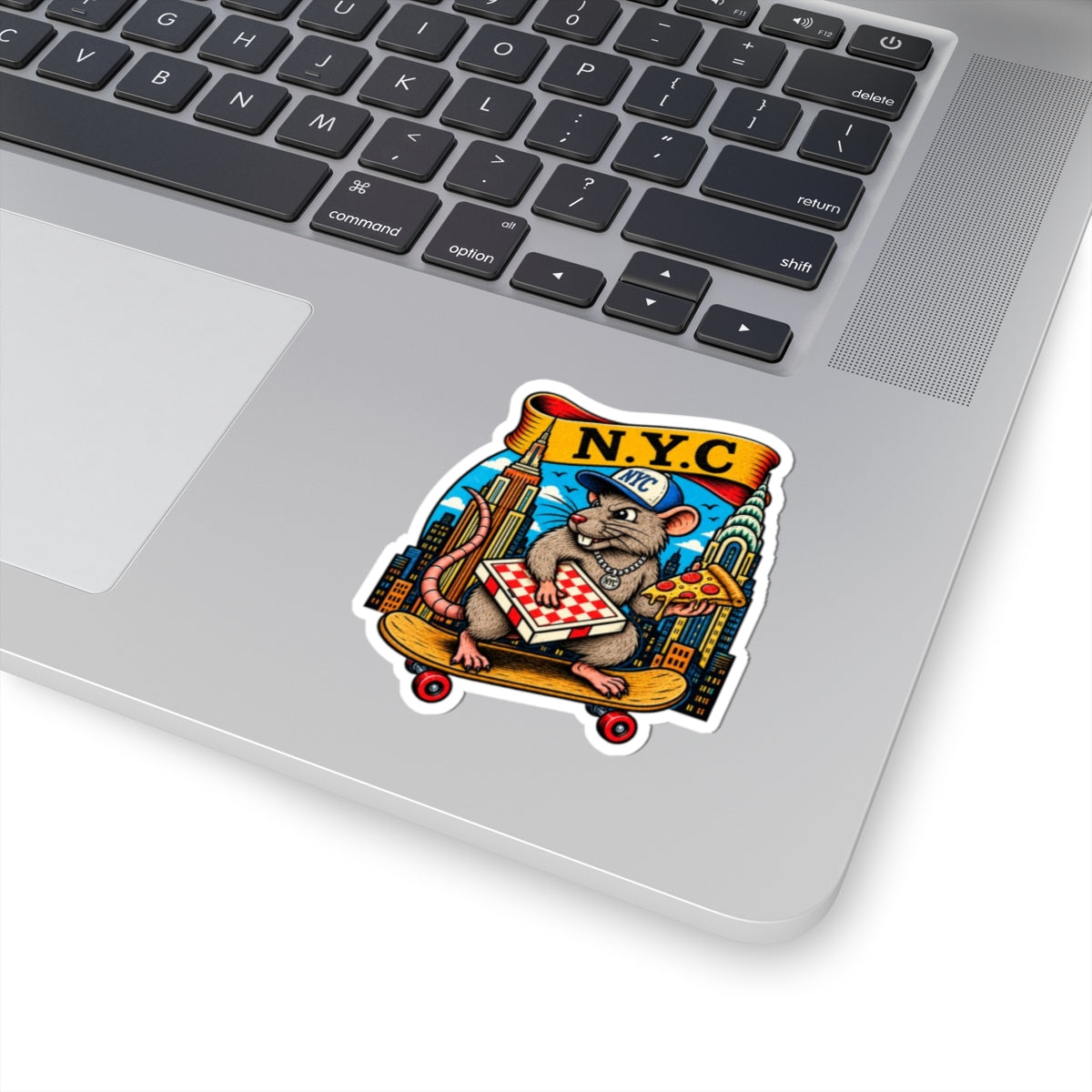 NYC Pizza Rat Sticker — Skateboard Skateboarder Cityscape Kiss-Cut Sticker