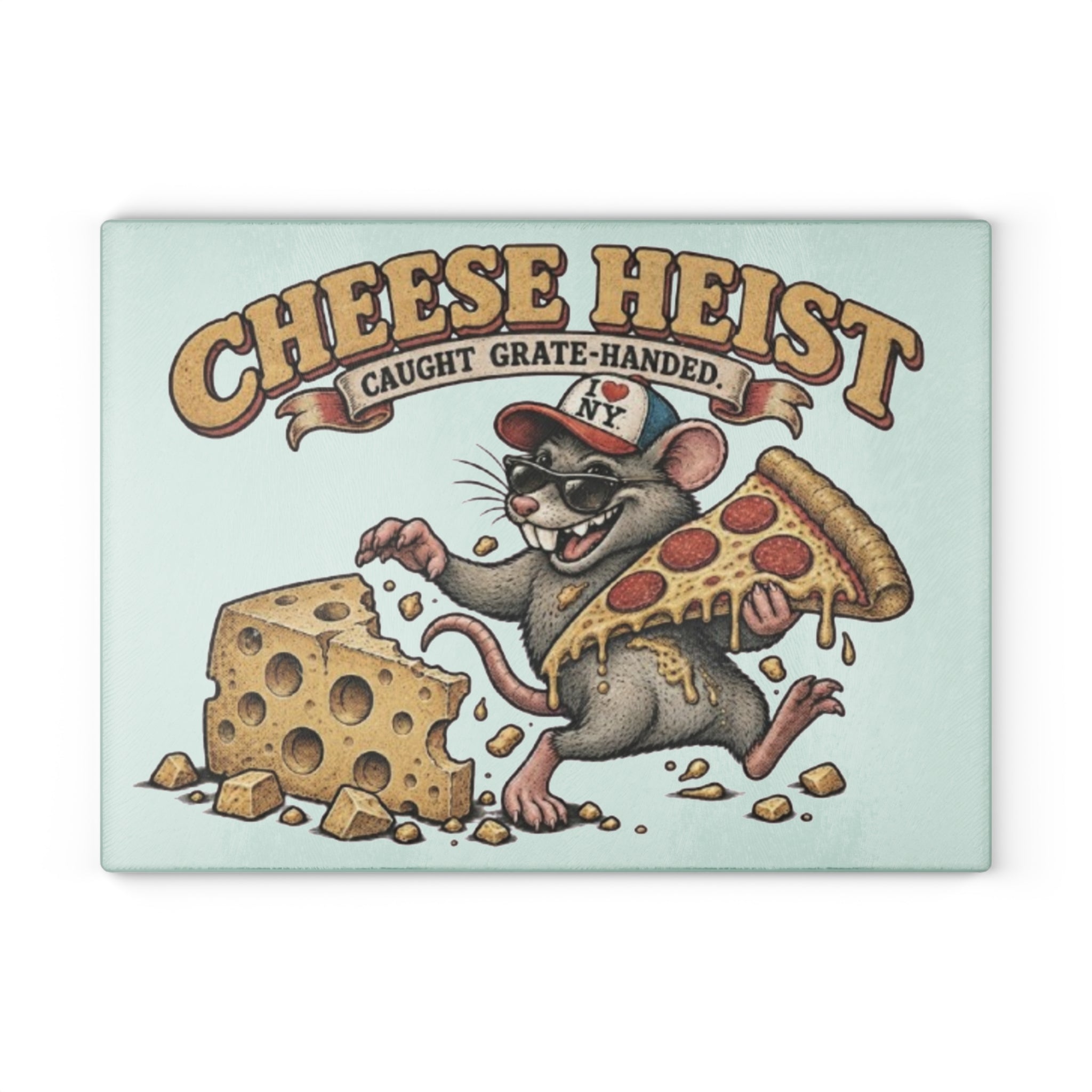 Glass Cutting Board - "Cheese Heist" Retro Rat Pizza & Cheese Kitchen Art