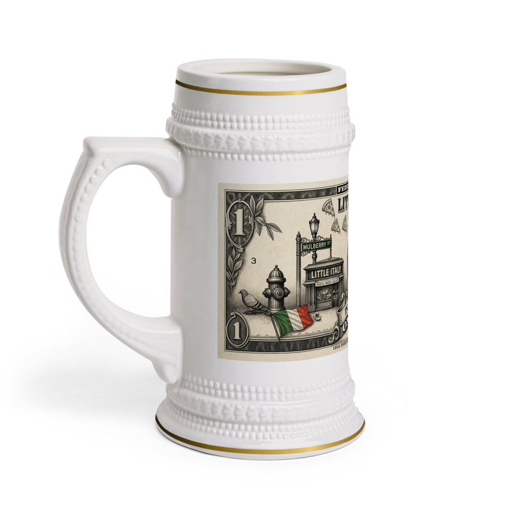 Little Italy Beer Stein Mug — "In Pizza We Trust" Novelty Ceramic Stein