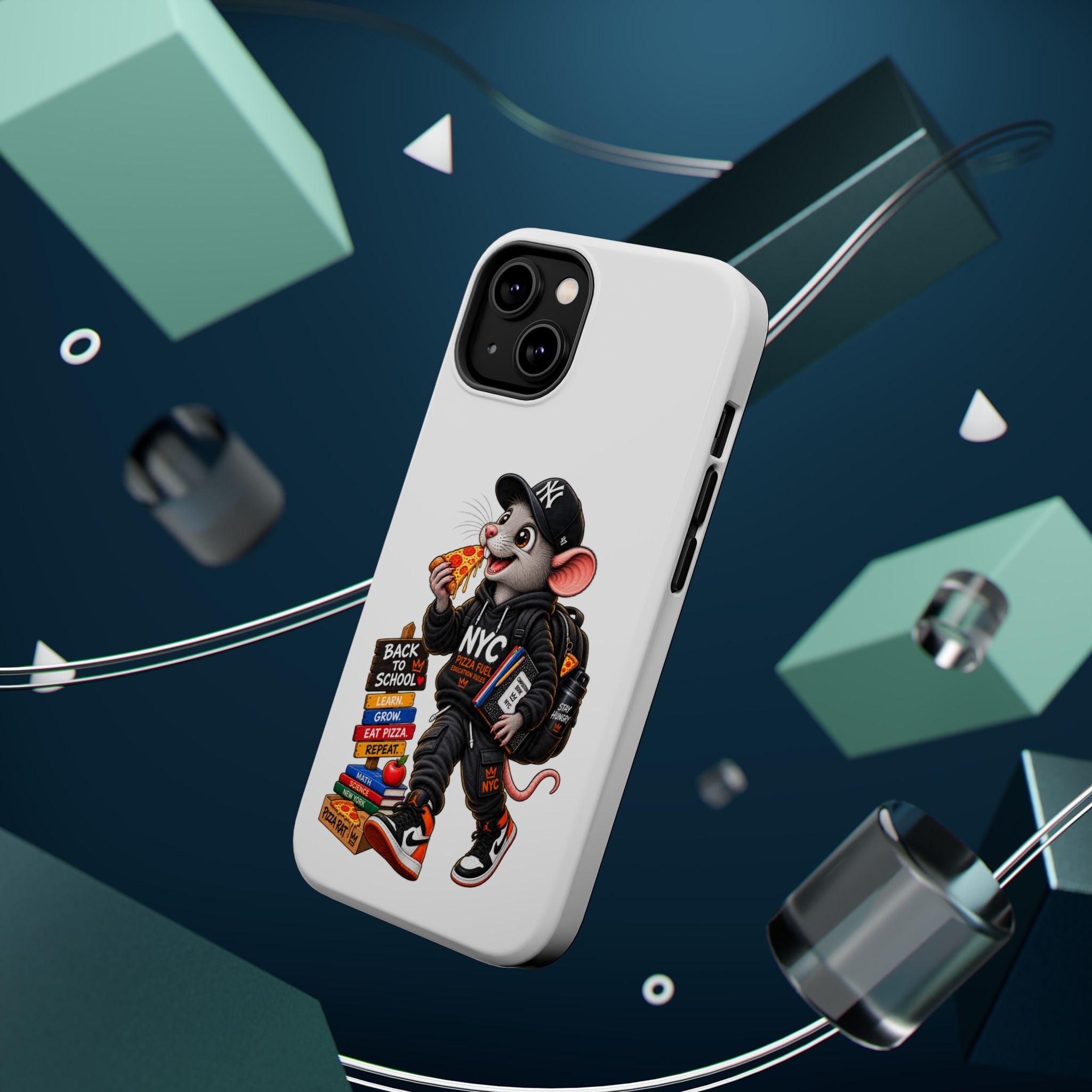 NYC Street Rat Phone Case – Magnetic Impact-Resistant iPhone Case with Back-to-School Pizza Design