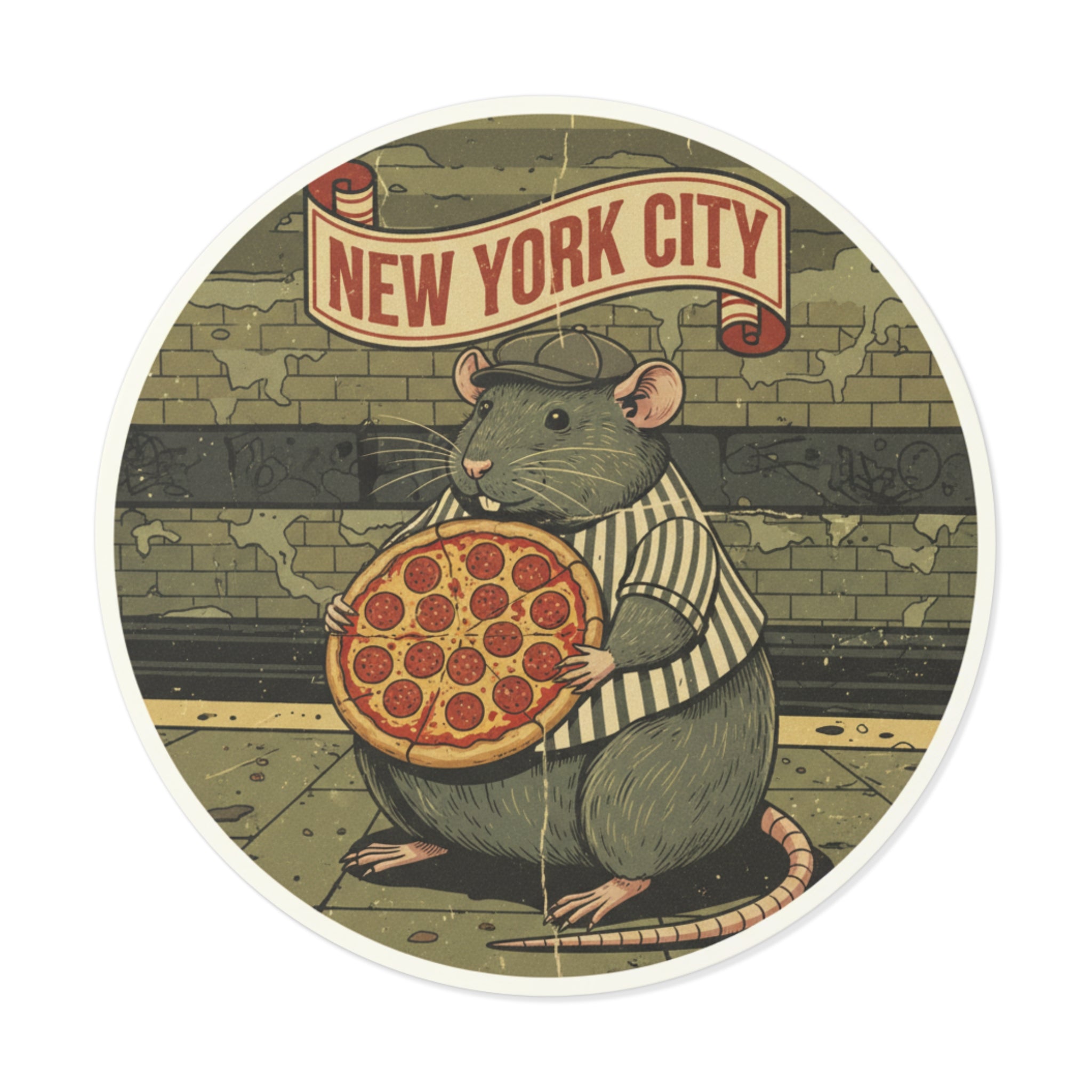 New York City Pizza Rat Round Vinyl Sticker — Retro Subway Art