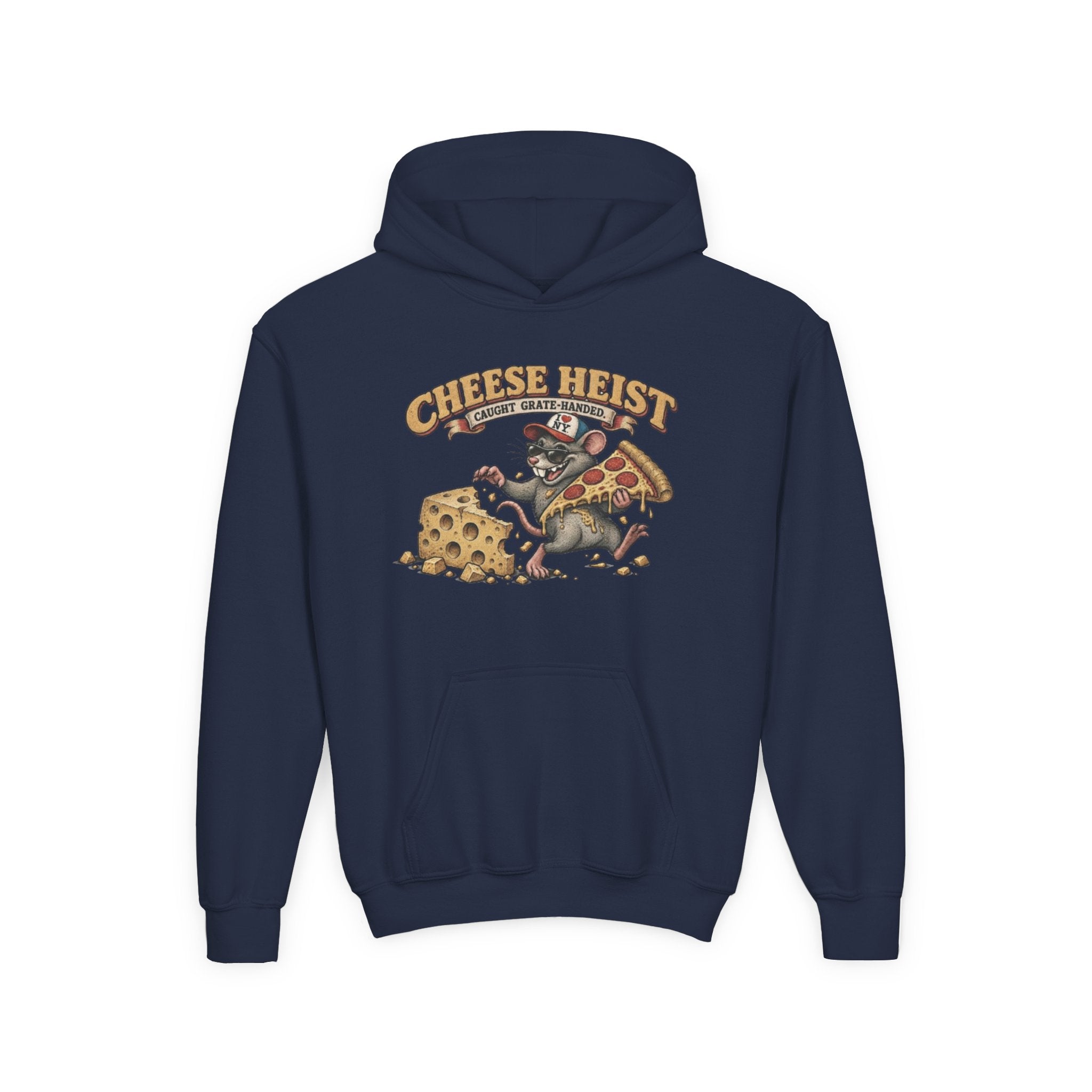 Youth Hoodie - "Cheese Heist" Cartoon Mouse & Pizza Graphic