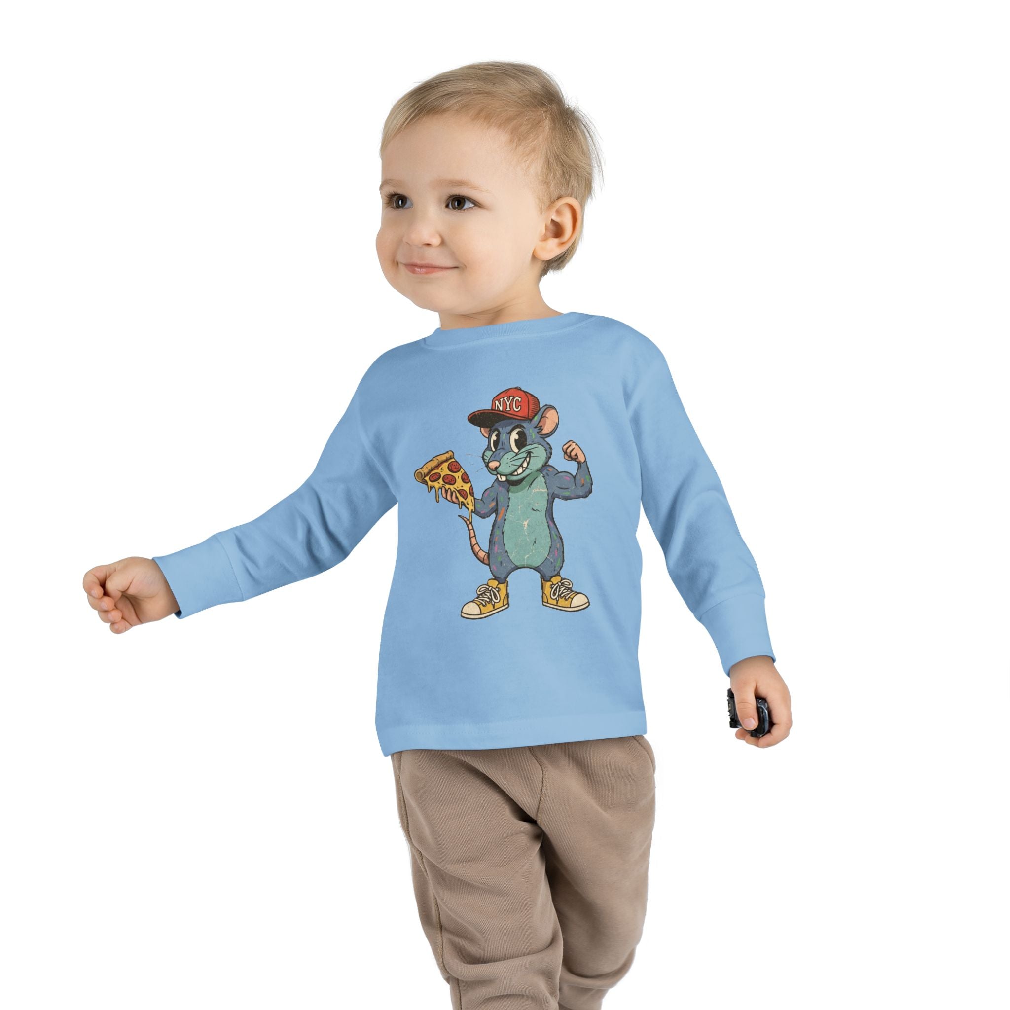 Toddler Long Sleeve Tee — Fun Pizza-Loving Cartoon Rat Graphic