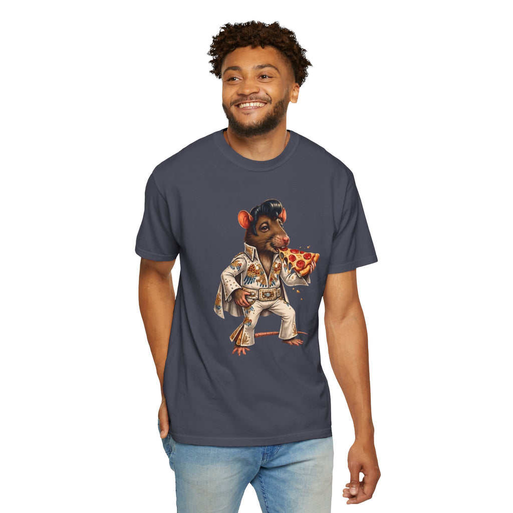 Elvis Rat Pizza T‑Shirt — Retro Rockabilly Mouse Eating Pizza Graphic Tee