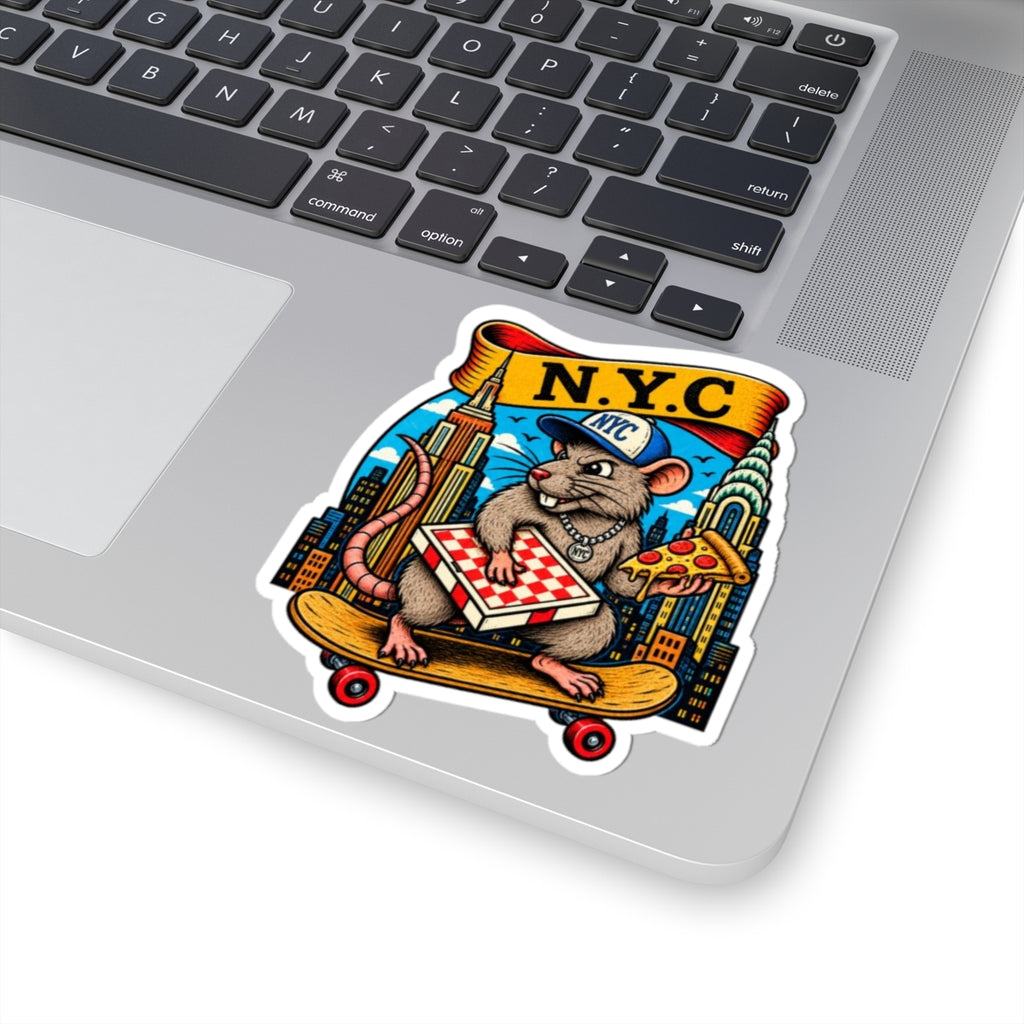 NYC Pizza Rat Sticker — Skateboard Skateboarder Cityscape Kiss-Cut Sticker