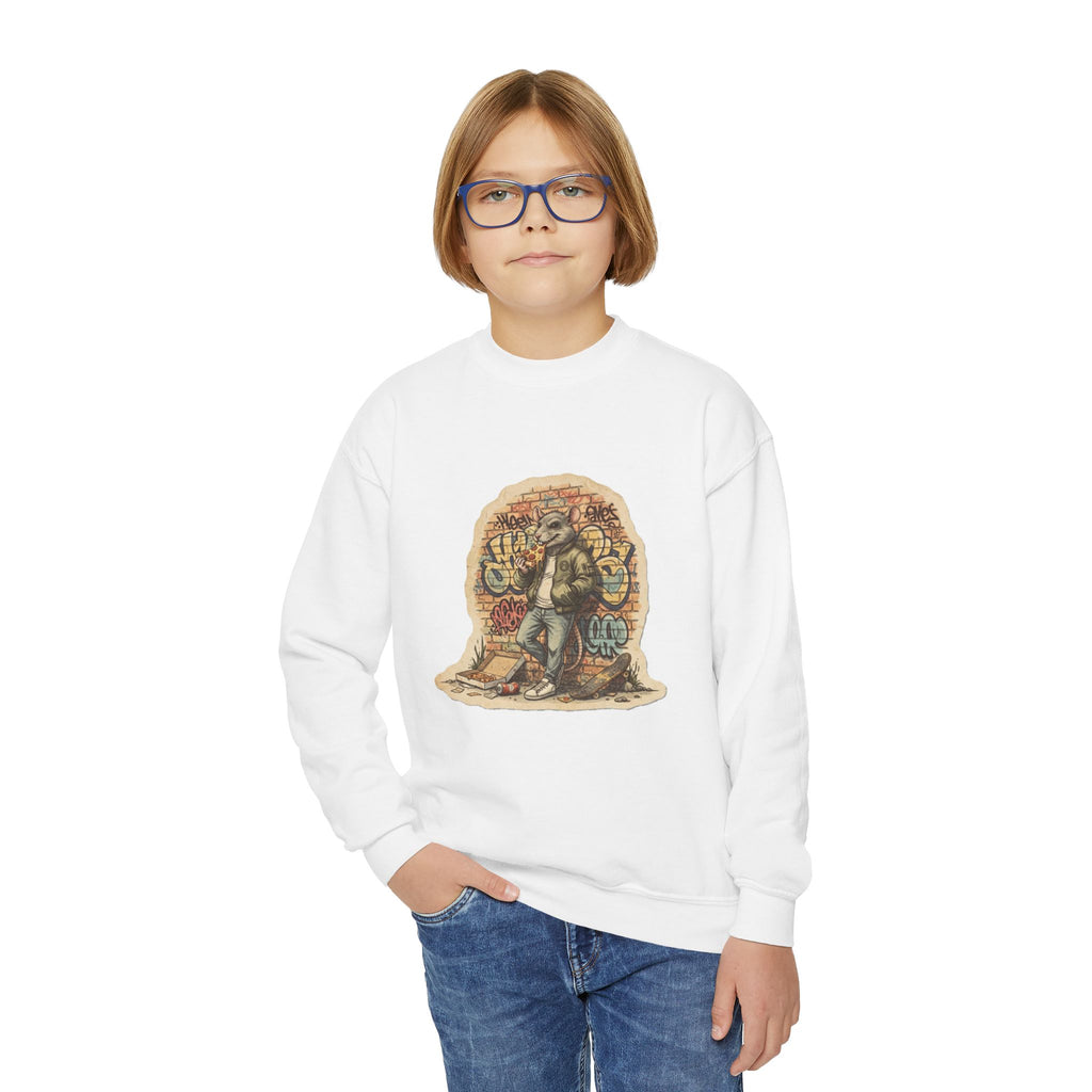 Youth Crewneck Sweatshirt — Vintage Explorer NY Rat Graphic