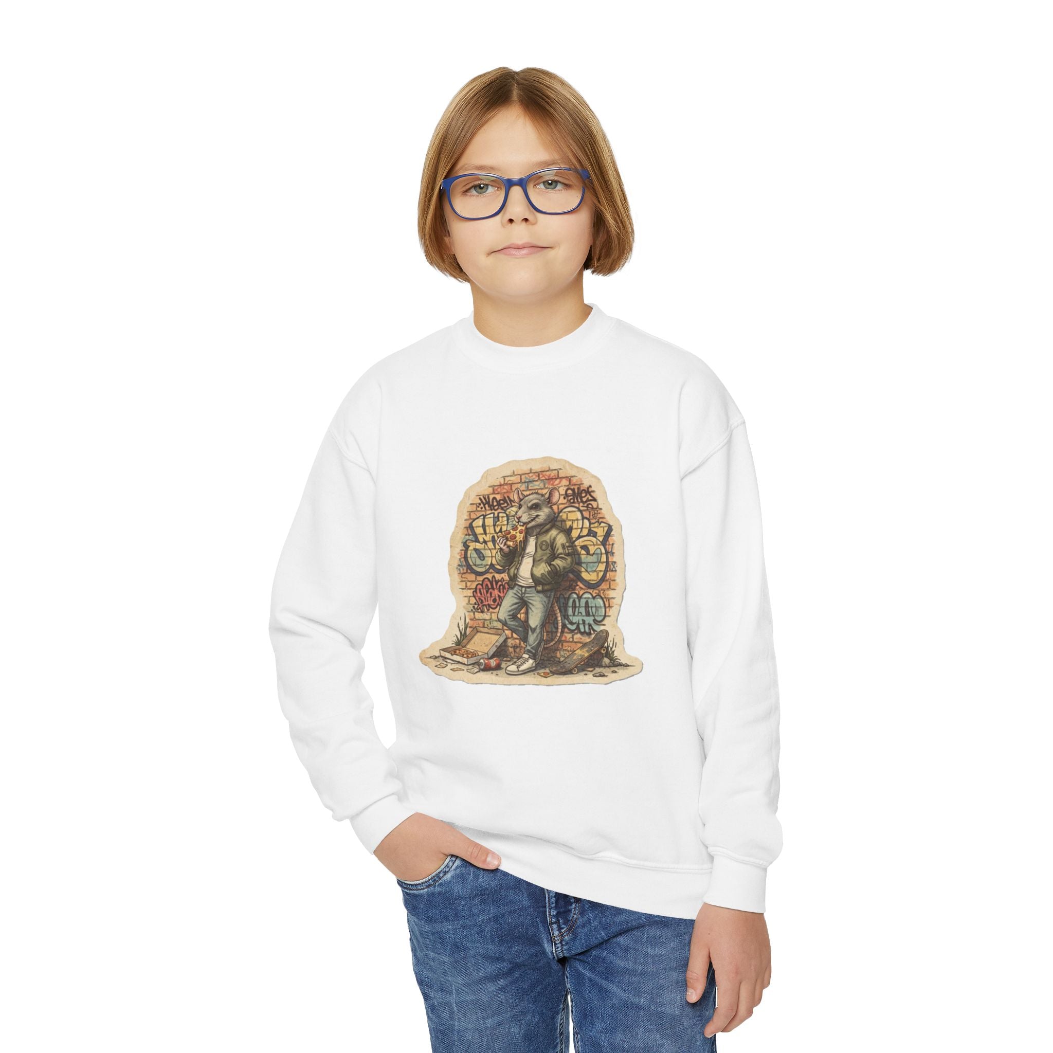 Youth Crewneck Sweatshirt — Vintage Explorer NY Rat Graphic