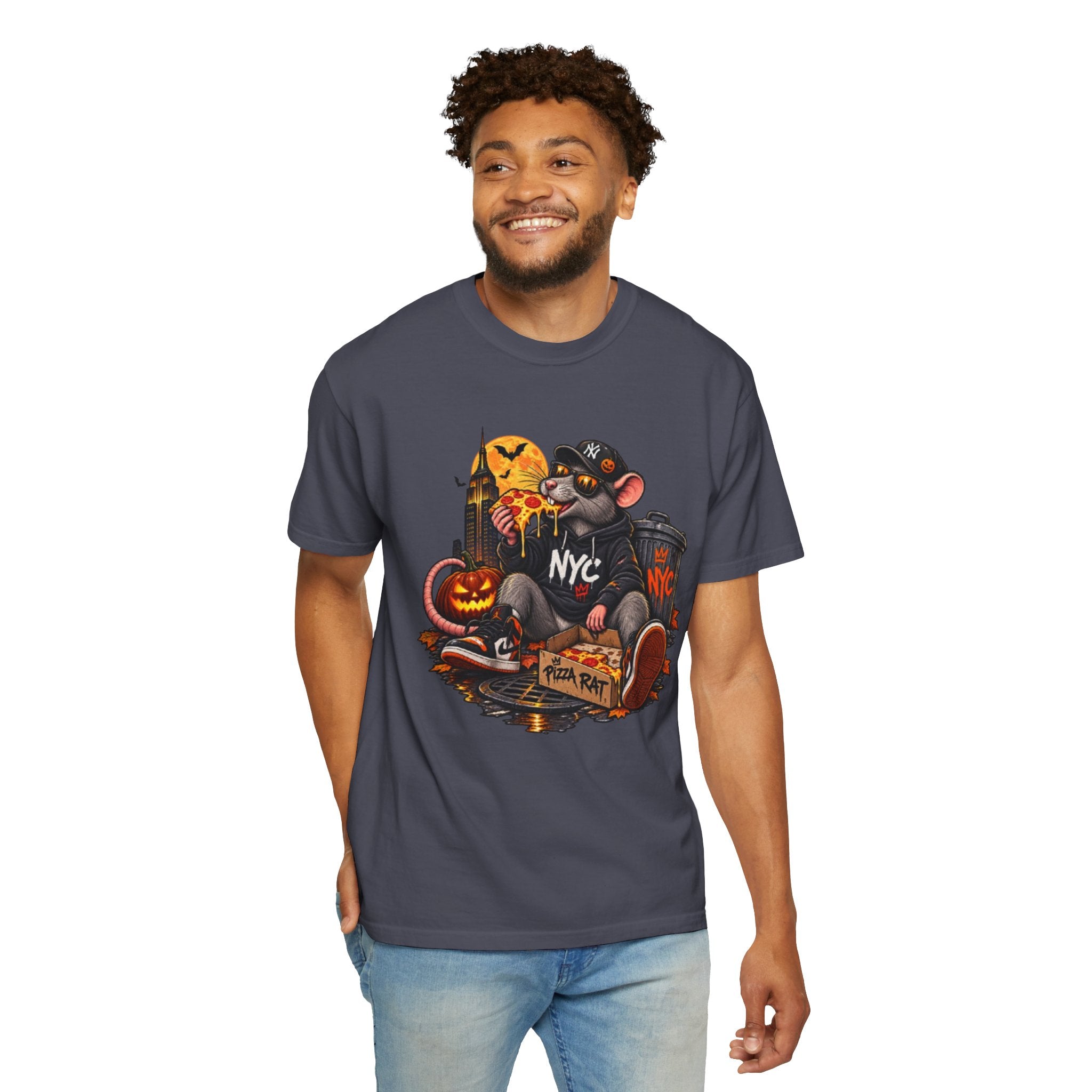 NYC Pizza Rat Halloween T-Shirt — Cute Urban Rat with Pizza & Pumpkins