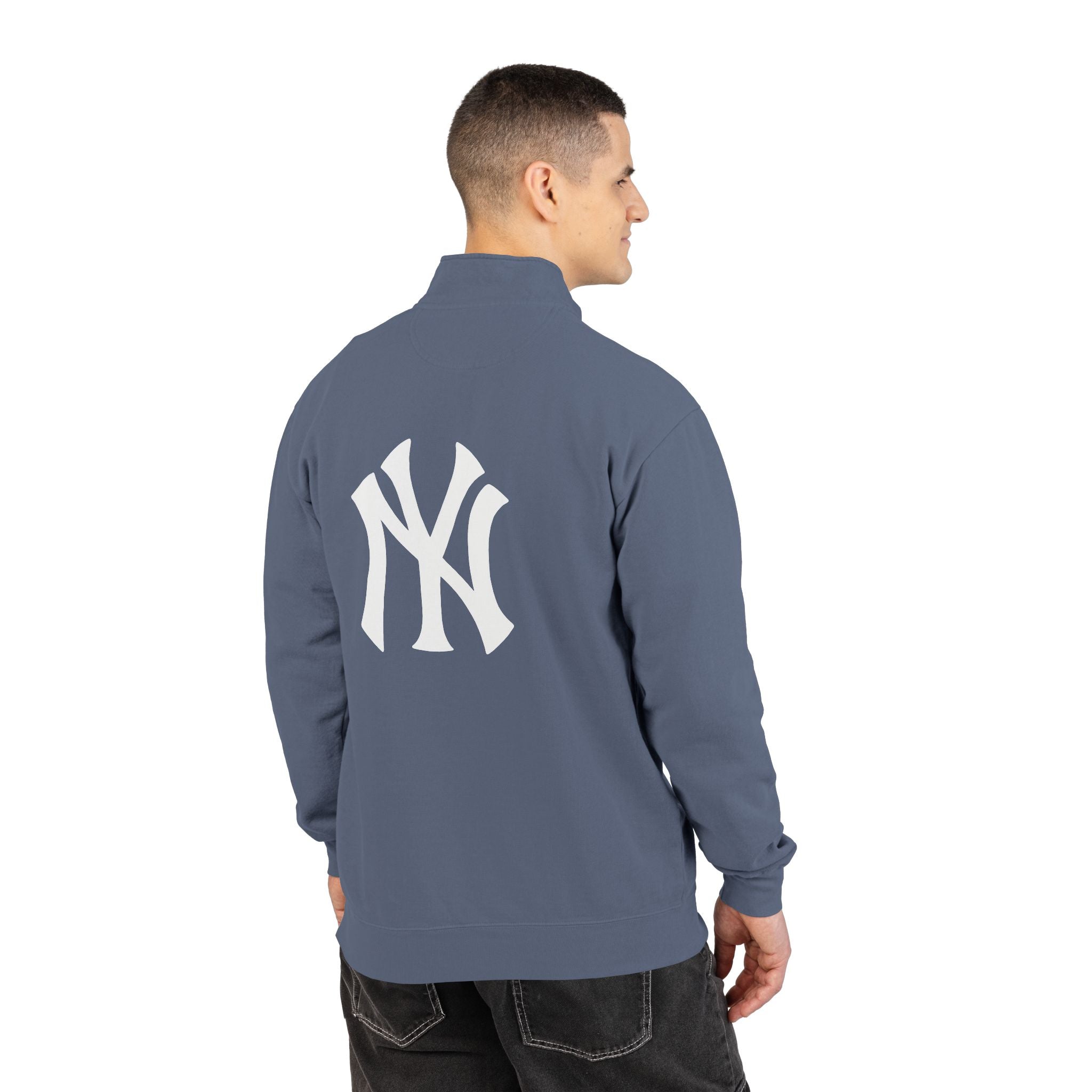 NY Yankee Quarter-Zip Sweatshirt — Small Retro Dog Portrait Chest Print
