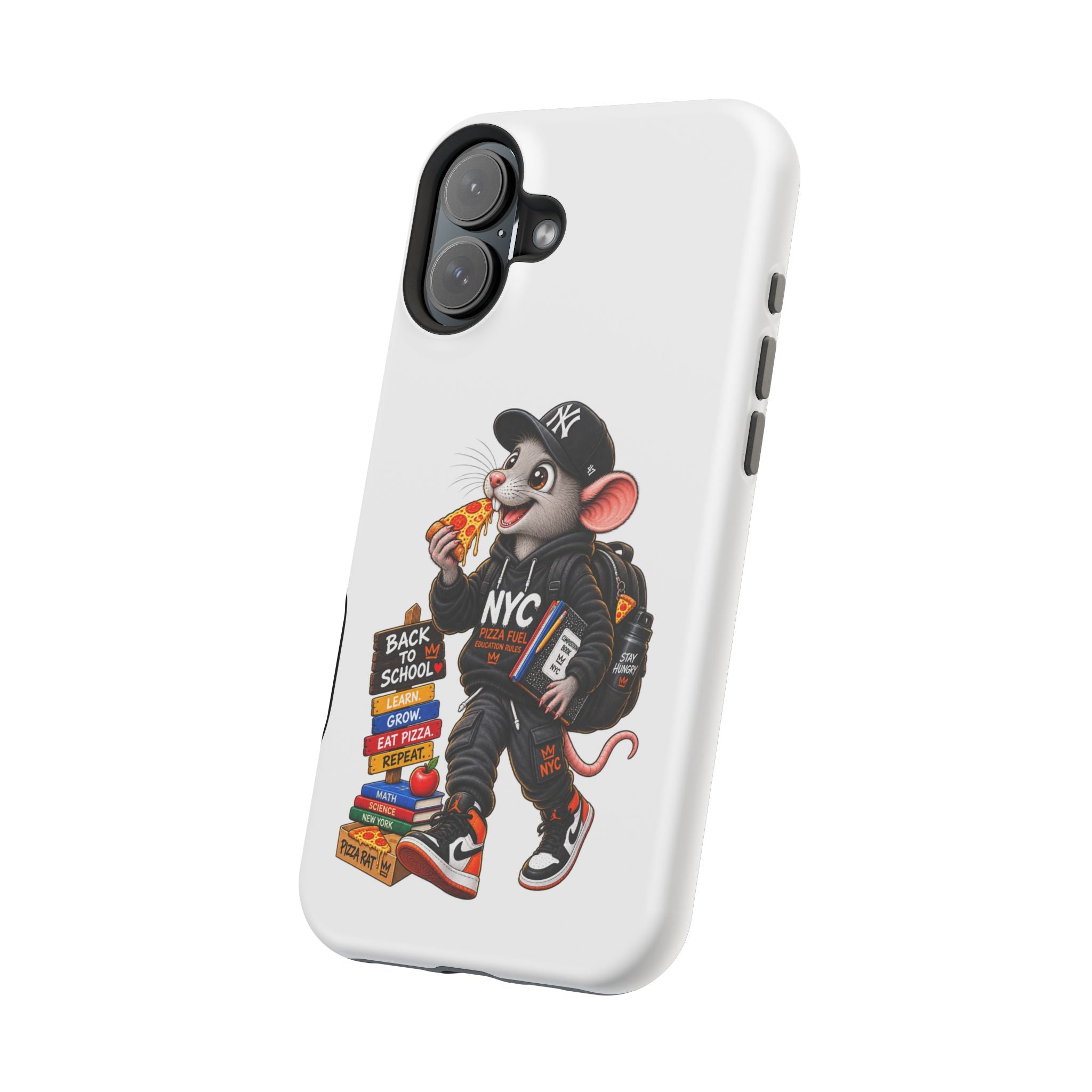 NYC Street Rat Phone Case – Magnetic Impact-Resistant iPhone Case with Back-to-School Pizza Design
