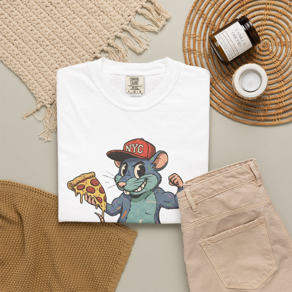 NYC Pizza Rat T-Shirt — Urban Cartoon Rodent Holding Slice Graphic Tee