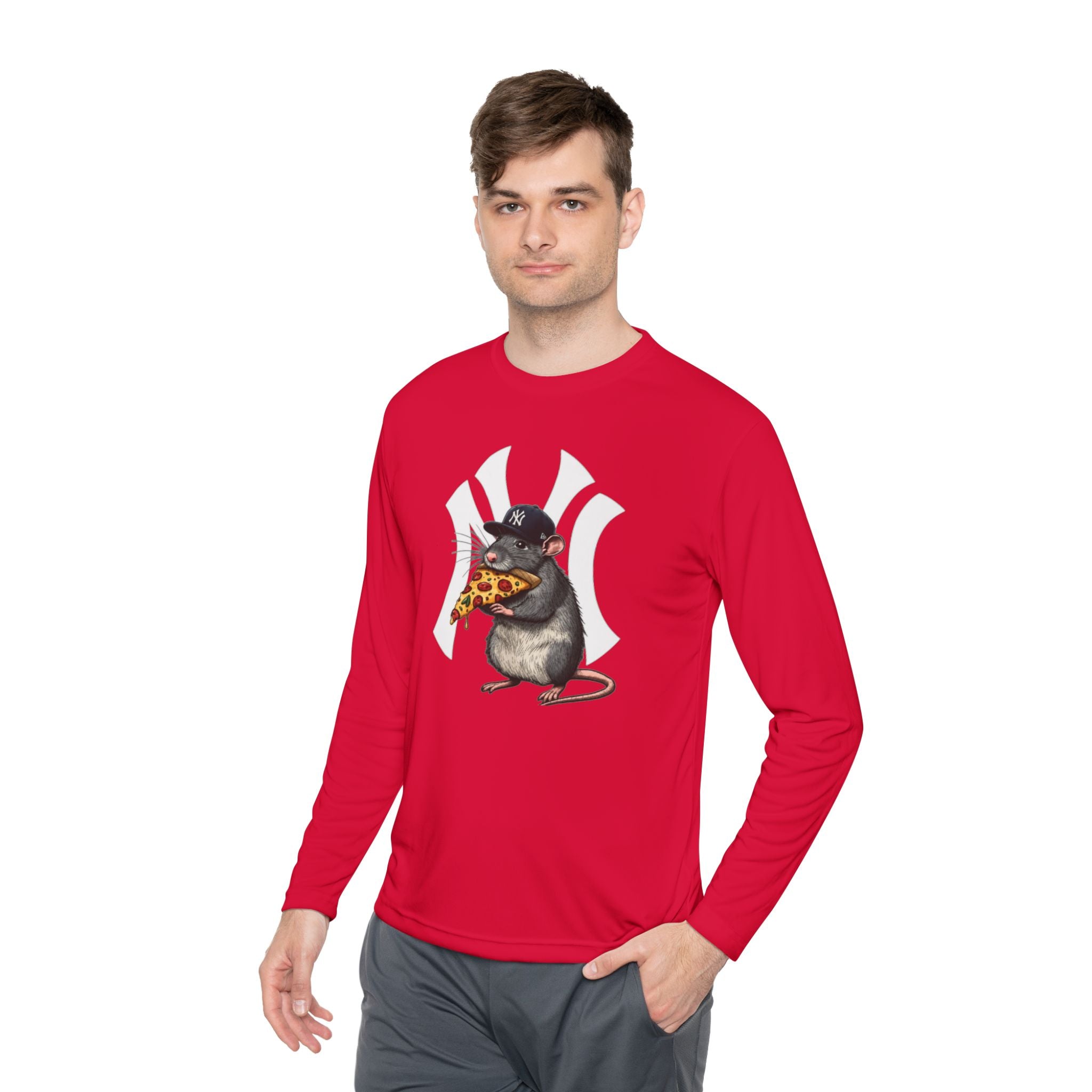 NY Yankee Rat Eating Pizza Long Sleeve Tee — Cute Baseball Logo Mashup