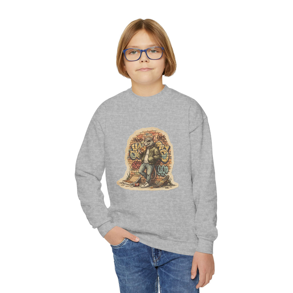 Youth Crewneck Sweatshirt — Vintage Explorer NY Rat Graphic