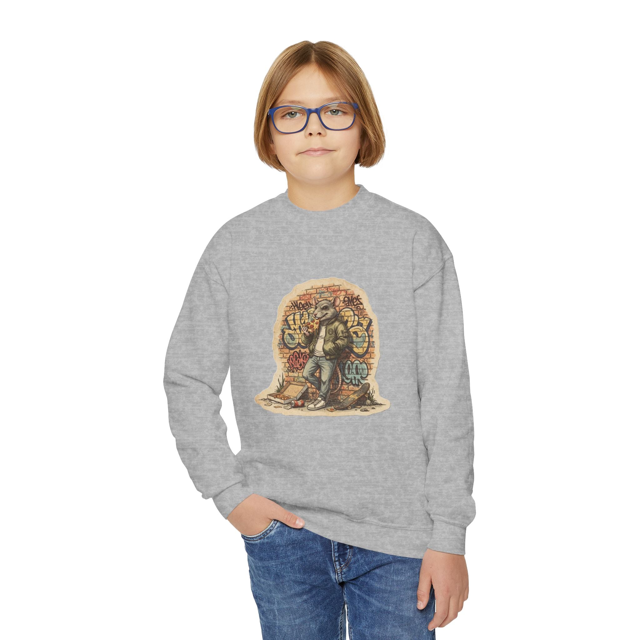 Youth Crewneck Sweatshirt — Vintage Explorer NY Rat Graphic