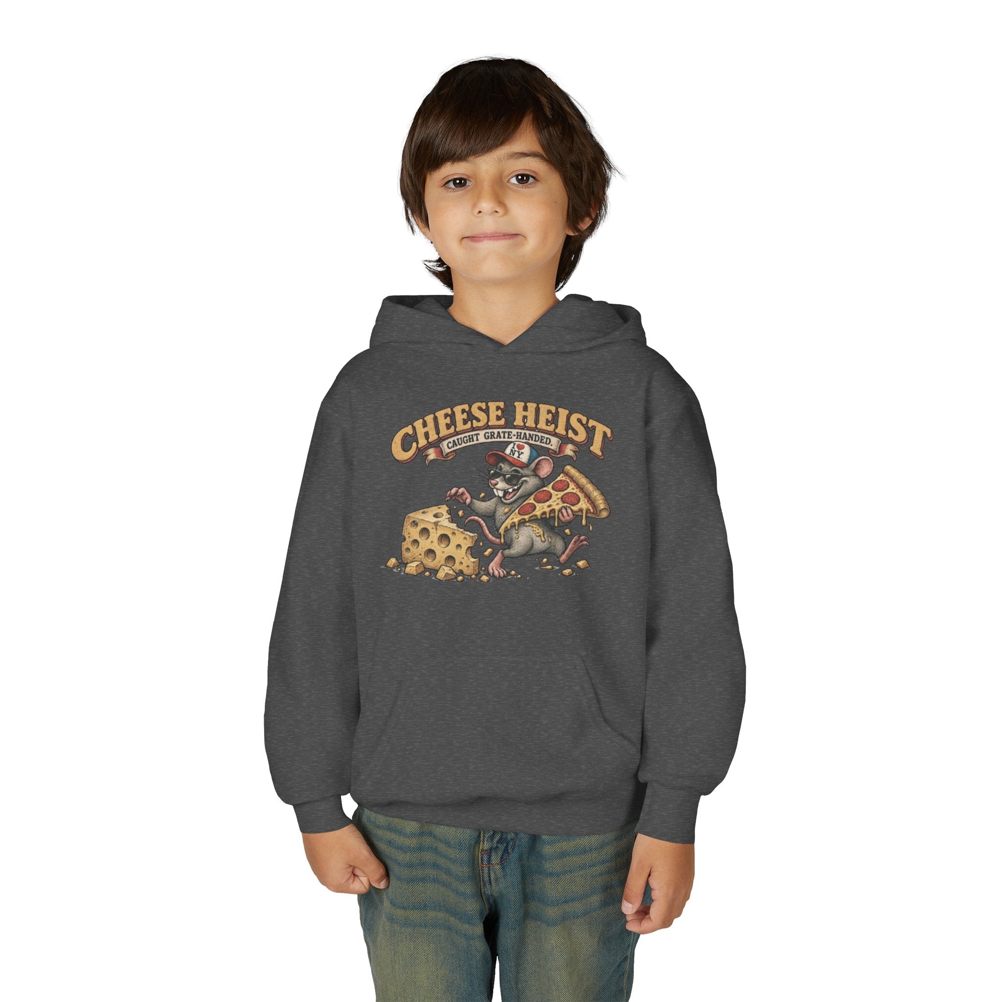 Youth Hoodie - "Cheese Heist" Cartoon Mouse & Pizza Graphic