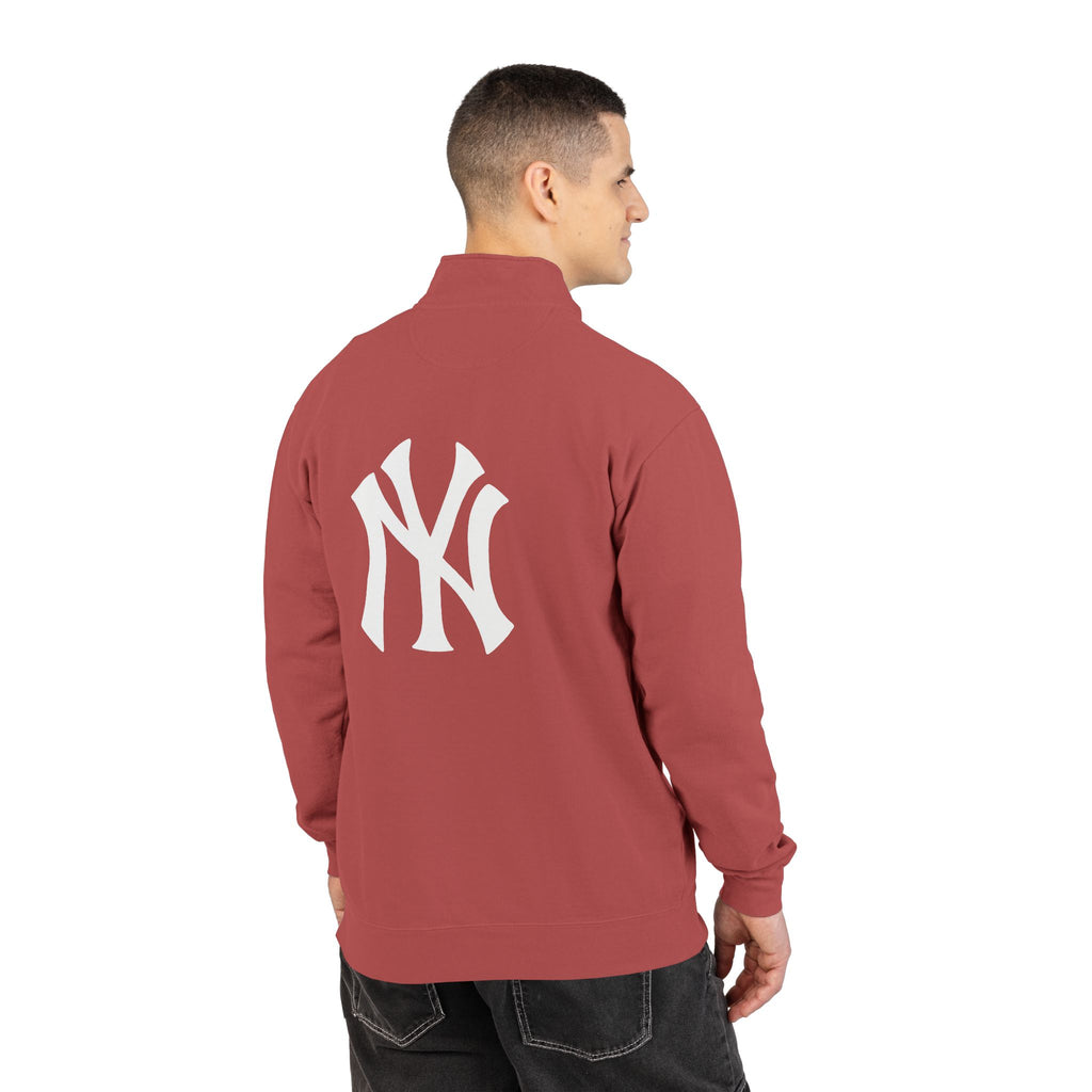 NY Yankee Quarter-Zip Sweatshirt — Small Retro Dog Portrait Chest Print