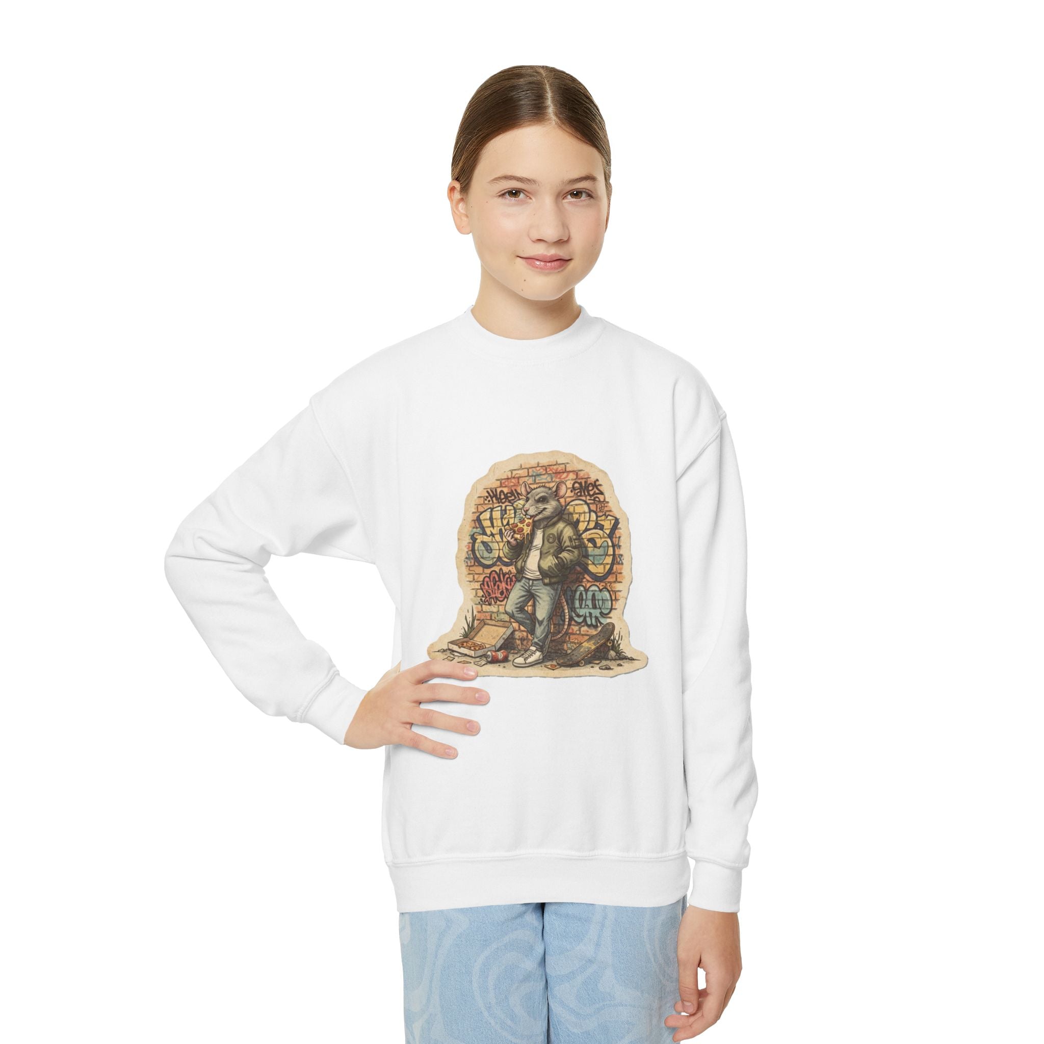 Youth Crewneck Sweatshirt — Vintage Explorer NY Rat Graphic