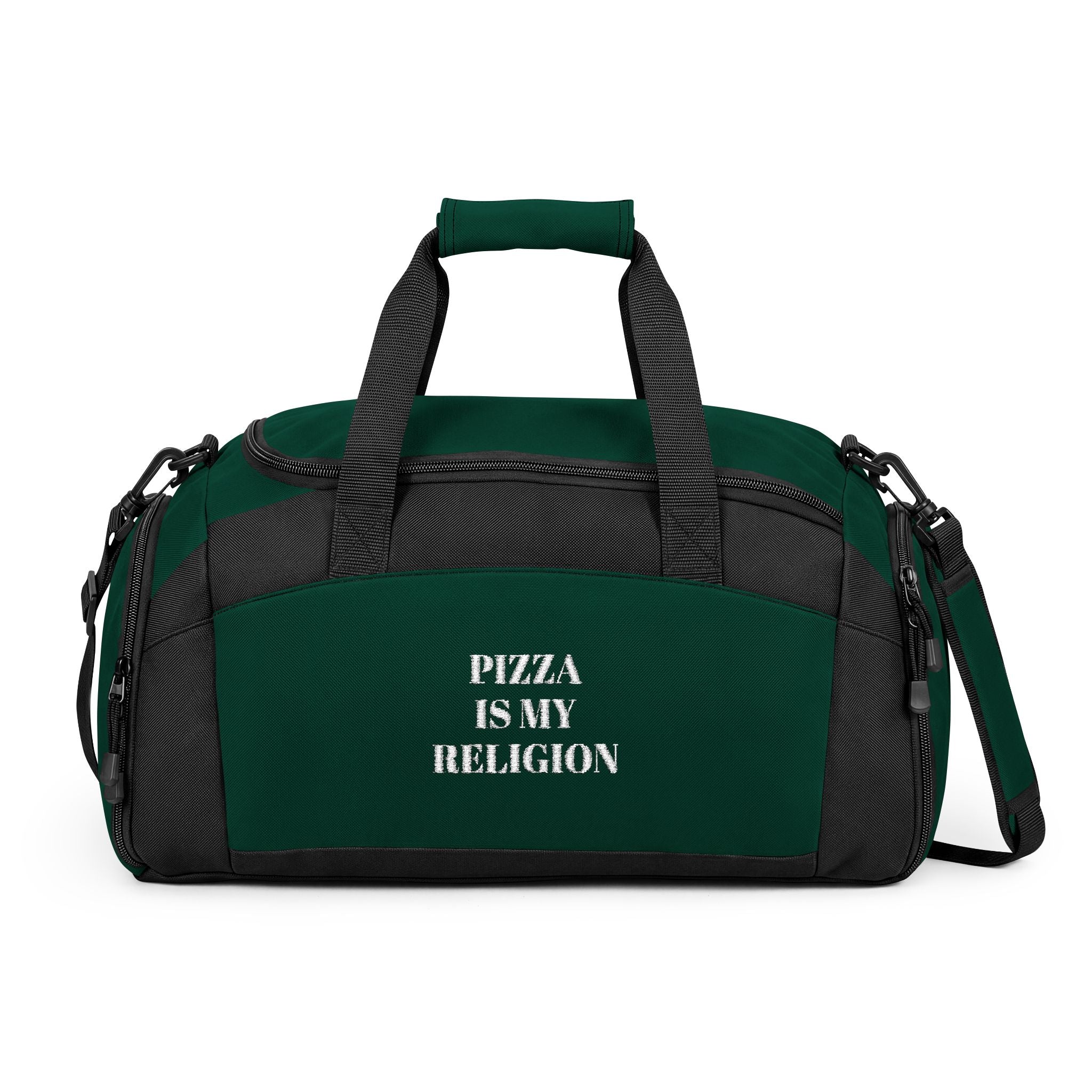 Pizza Is My Religion Gym Bag — Funny Foodie Duffle for Fitness & Travel
