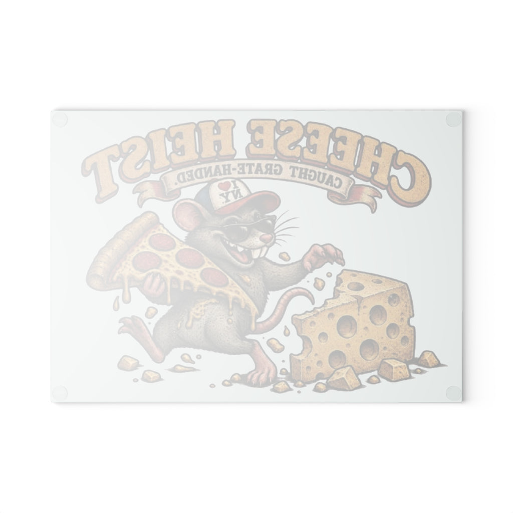 Glass Cutting Board - "Cheese Heist" Retro Rat Pizza & Cheese Kitchen Art