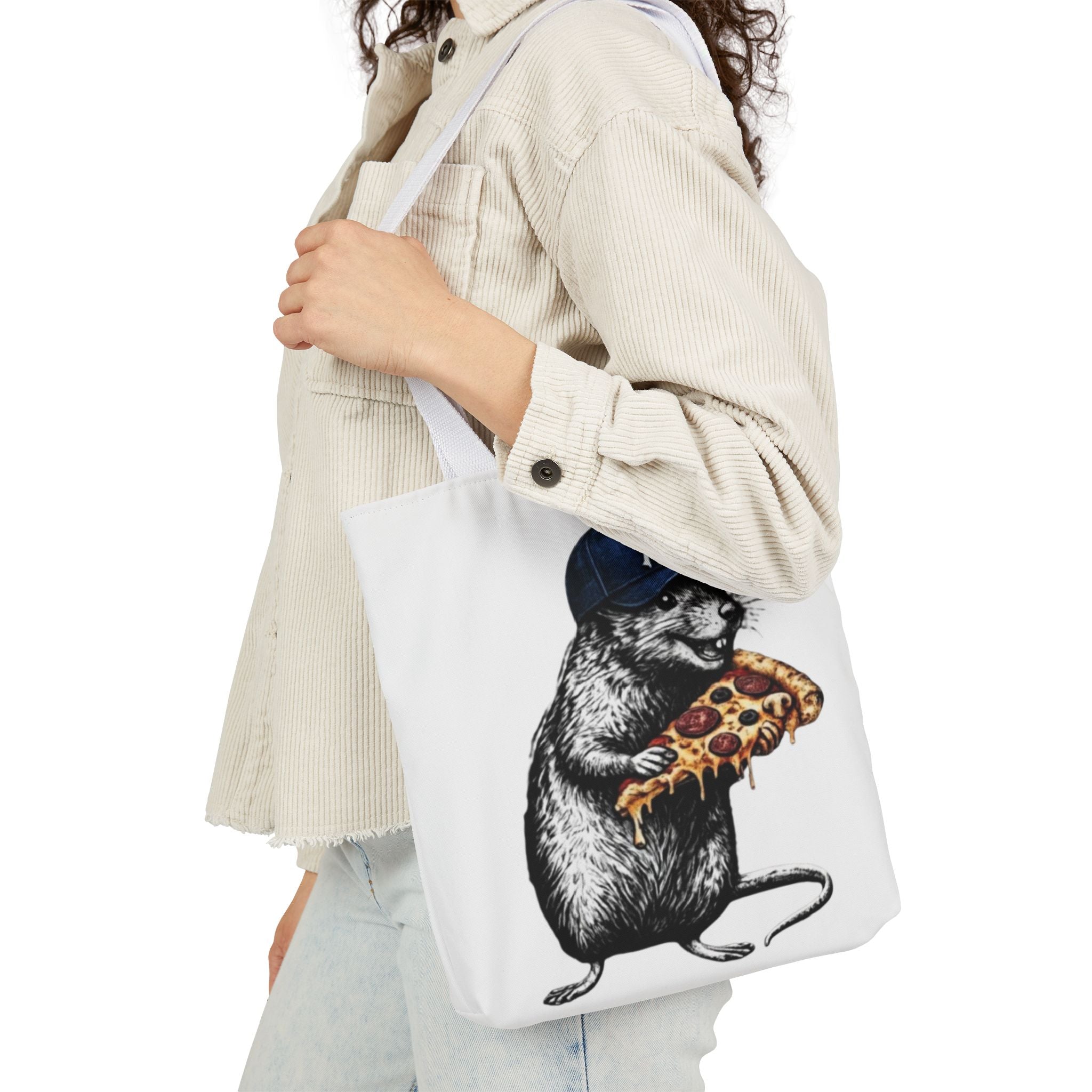 Canvas Tote — Cool Rat Wearing Yankees Cap Eating Pizza Print