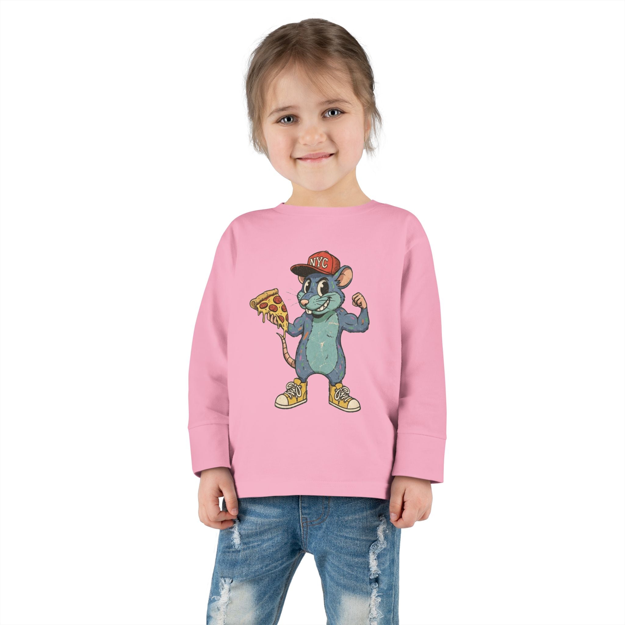 Toddler Long Sleeve Tee — Fun Pizza-Loving Cartoon Rat Graphic