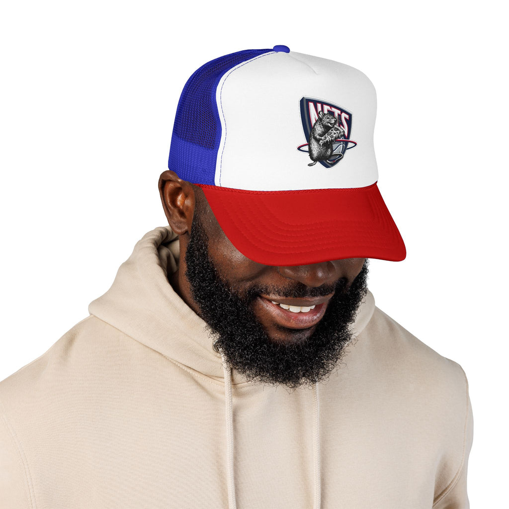 Black Trucker Hat with Retro Raccoon Patch — 'NTS' Vintage Style Foam Cap - Brooklyn Nets