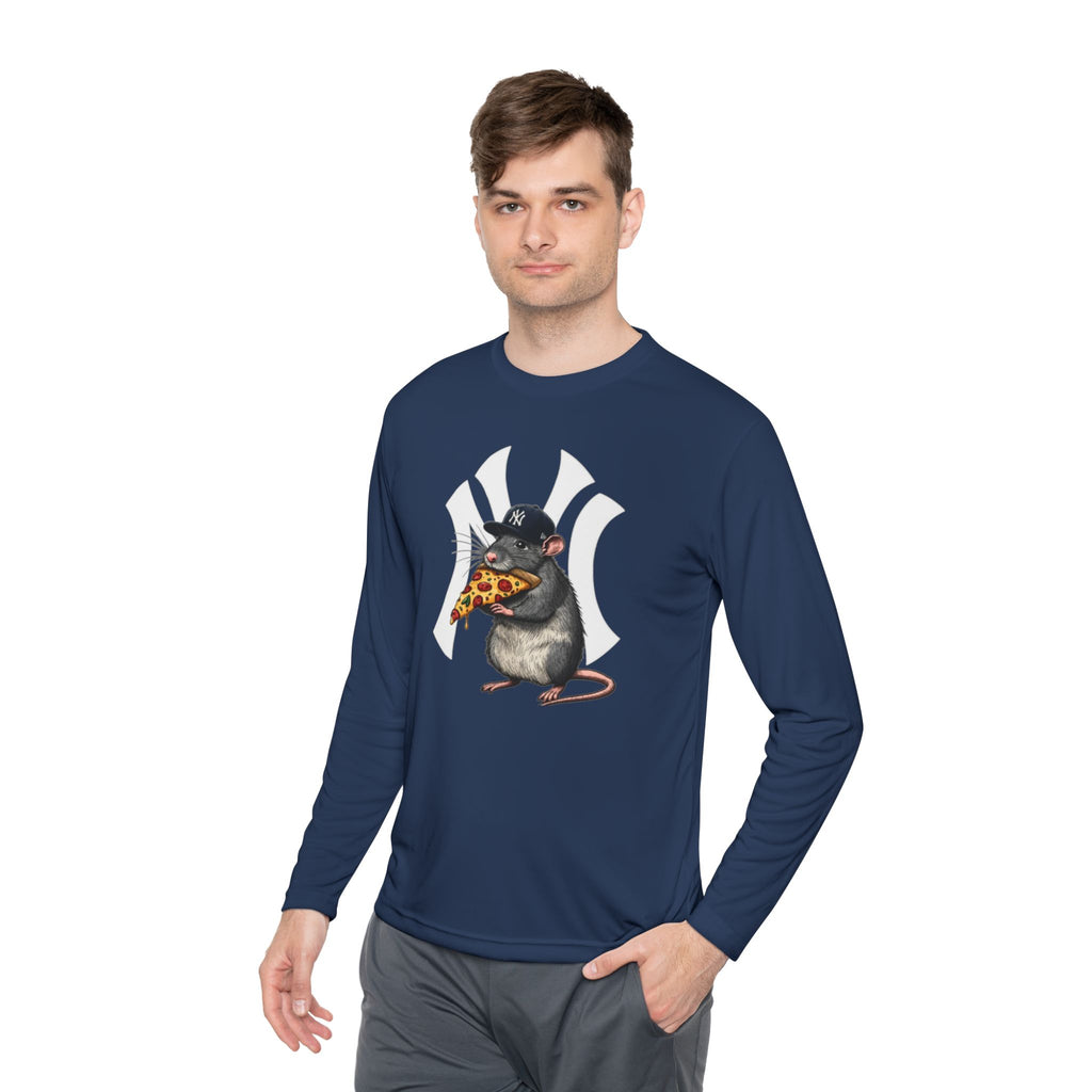 NY Yankee Rat Eating Pizza Long Sleeve Tee — Cute Baseball Logo Mashup