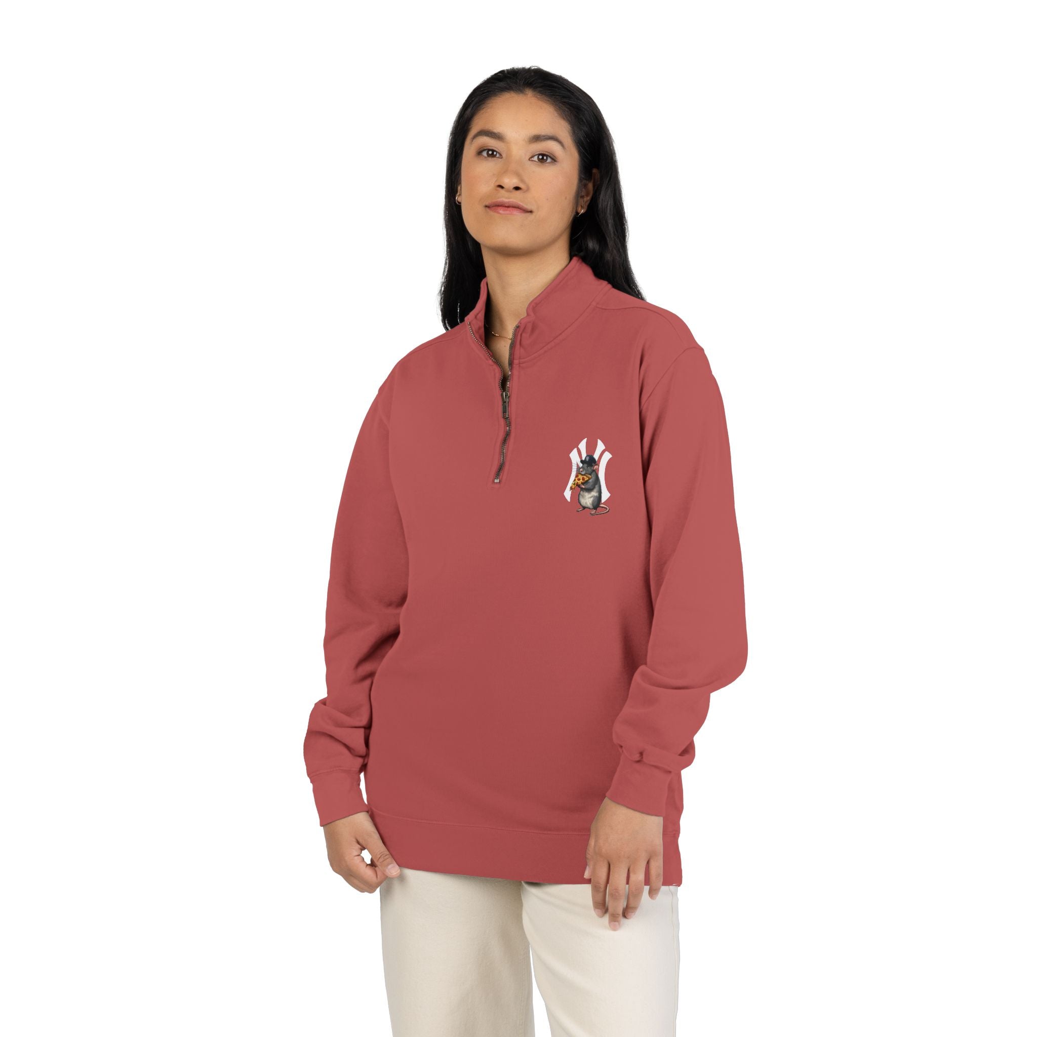 NY Yankee Quarter-Zip Sweatshirt — Small Retro Dog Portrait Chest Print