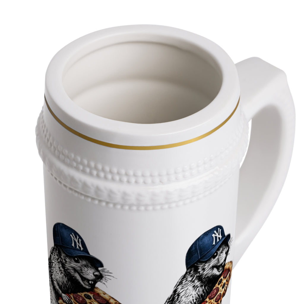 Beer Stein Mug — Retro Rat Eating Pizza with Baseball Cap Ceramic Stein