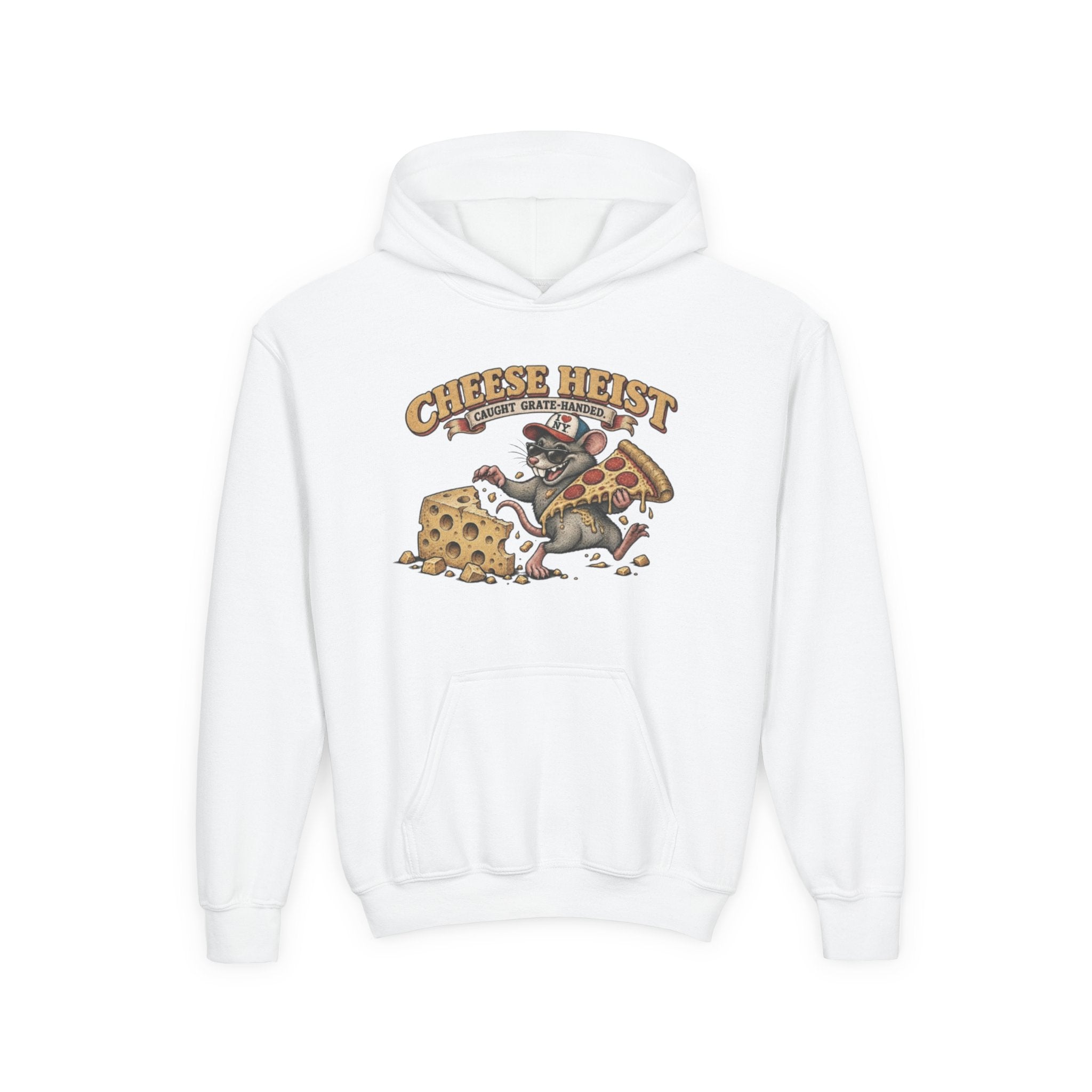 Youth Hoodie - "Cheese Heist" Cartoon Mouse & Pizza Graphic