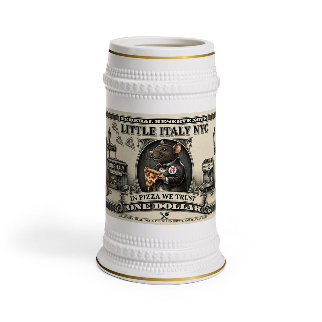 Little Italy Beer Stein Mug — "In Pizza We Trust" Novelty Ceramic Stein