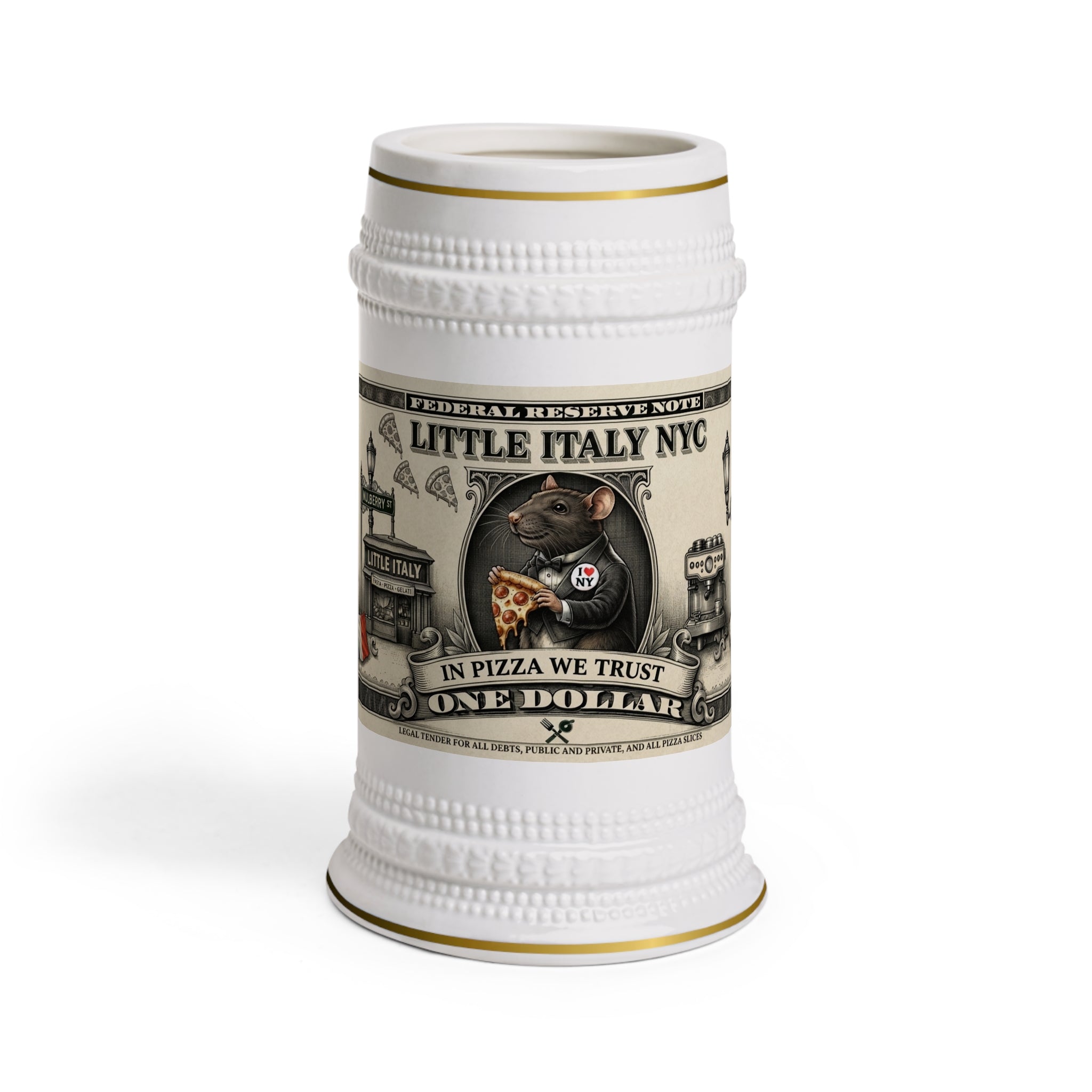 Little Italy Beer Stein Mug — "In Pizza We Trust" Novelty Ceramic Stein
