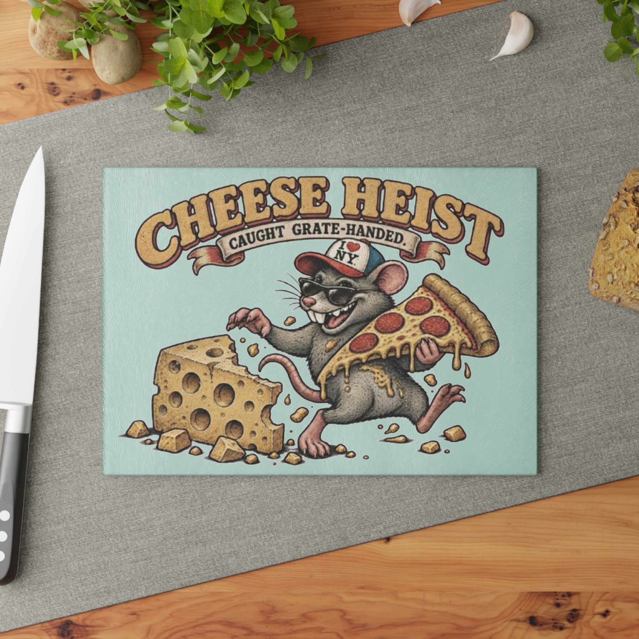 Glass Cutting Board - "Cheese Heist" Retro Rat Pizza & Cheese Kitchen Art